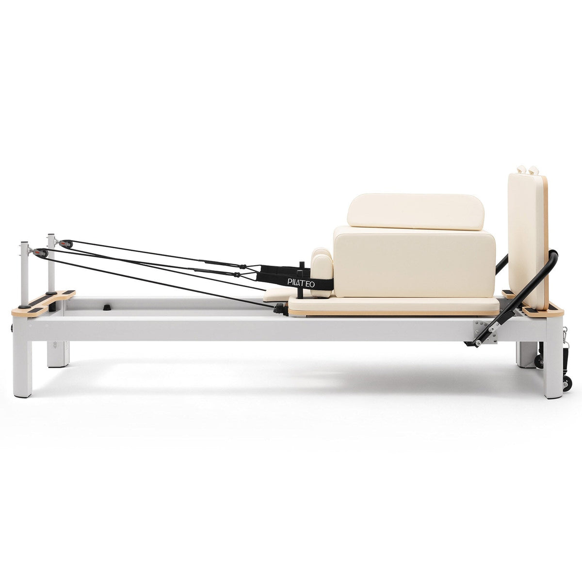 Pilates Reformer Studio Aluminium, rivestimento bianco latte – vista laterale con sitting box
