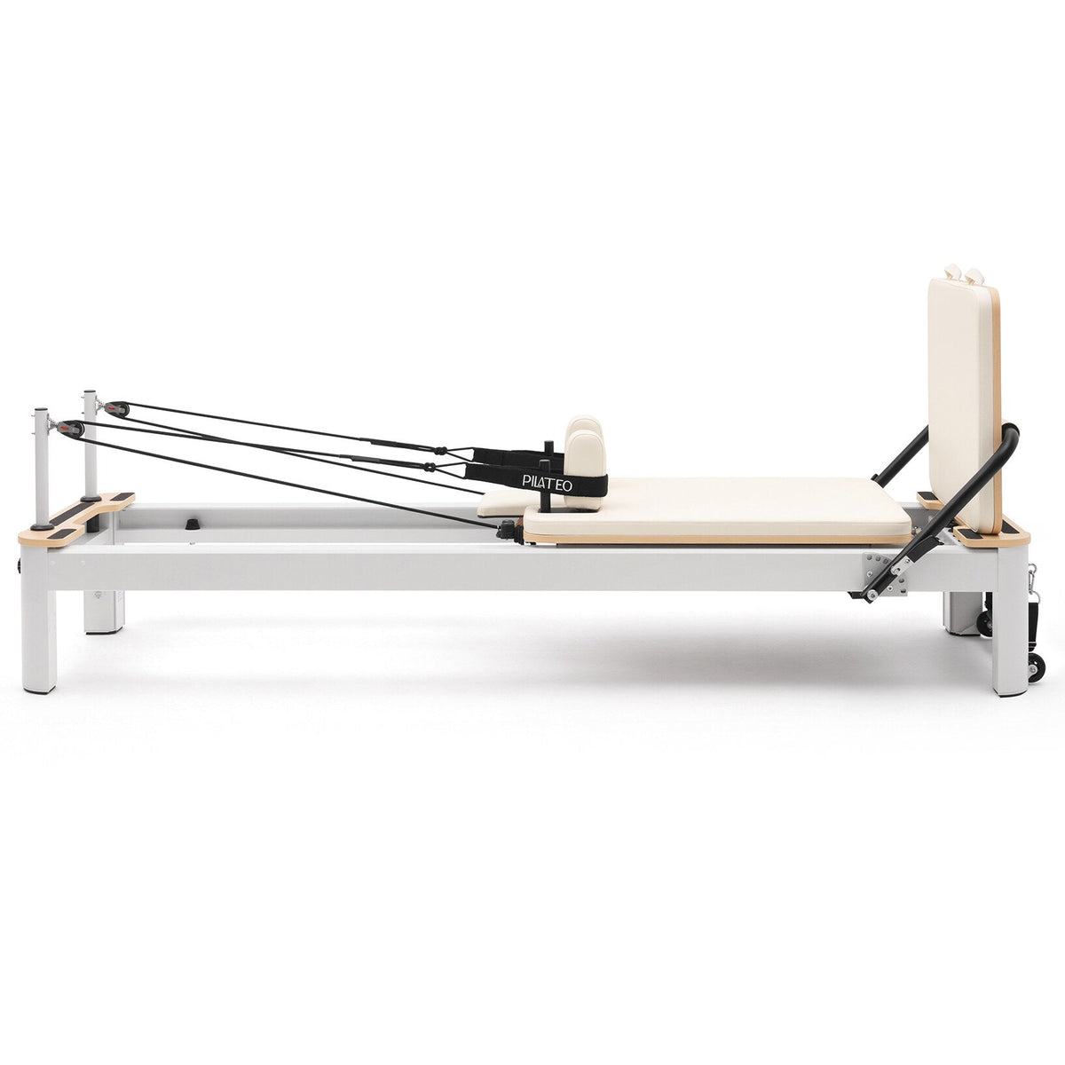 Pilates Reformer Studio Aluminium, rivestimento bianco latte – vista laterale con schienale sollevato