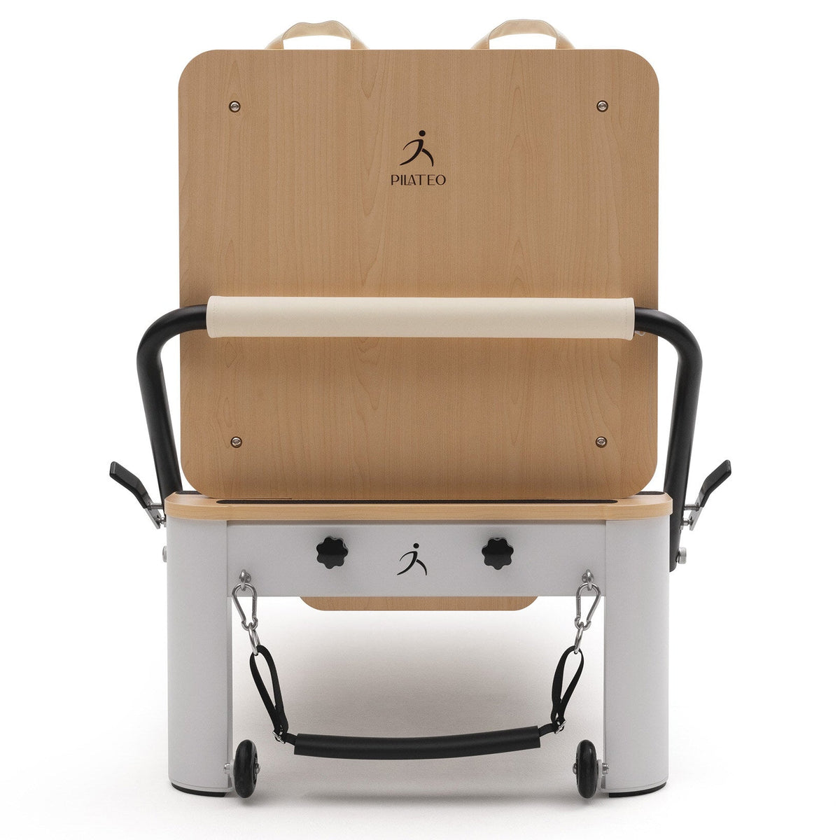 Pilates Reformer Studio Aluminium, rivestimento bianco latte – vista frontale con jumpboard