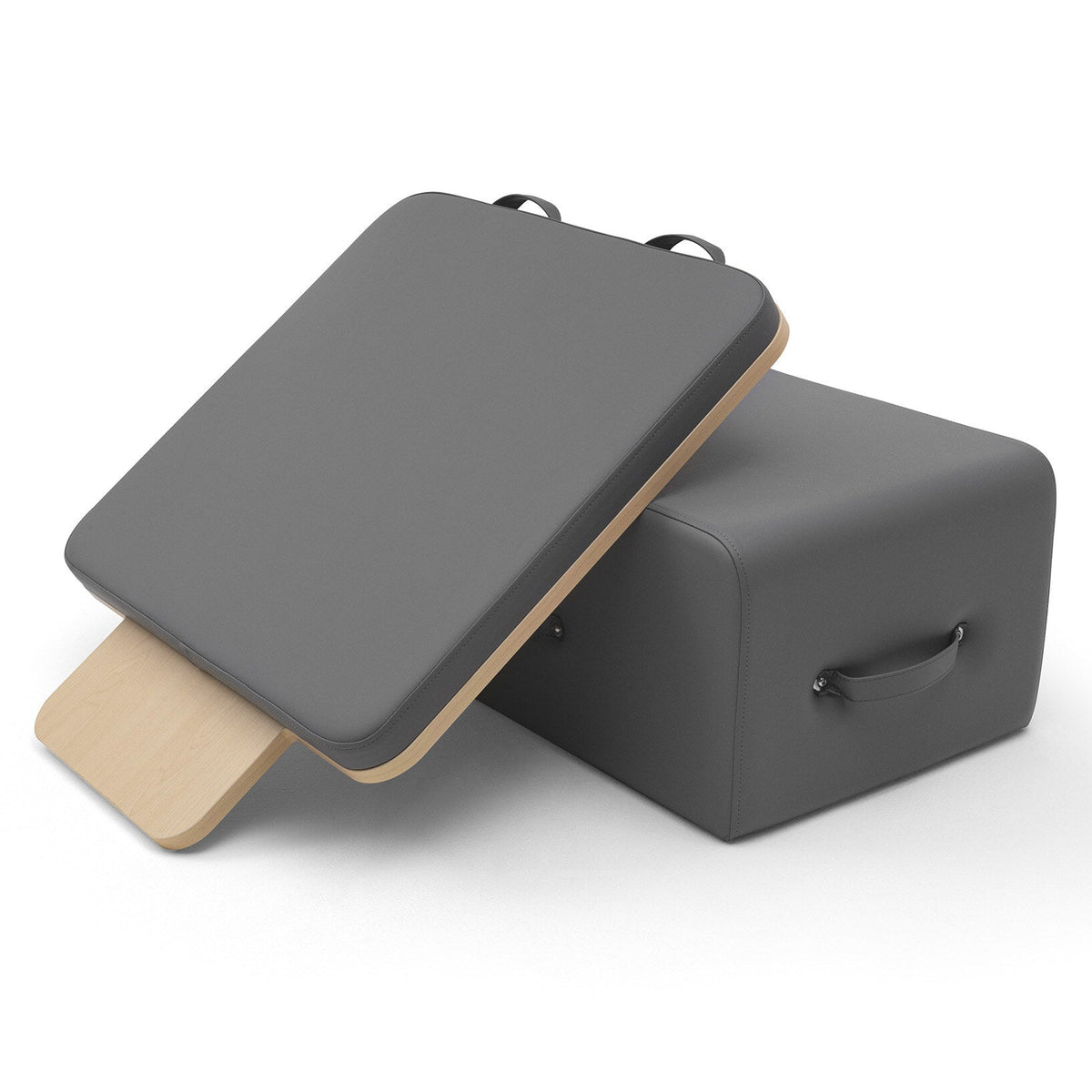 Pilates Reformer Studio Aluminium, rivestimento blu grigio – sitting box ed estensione della pedana
