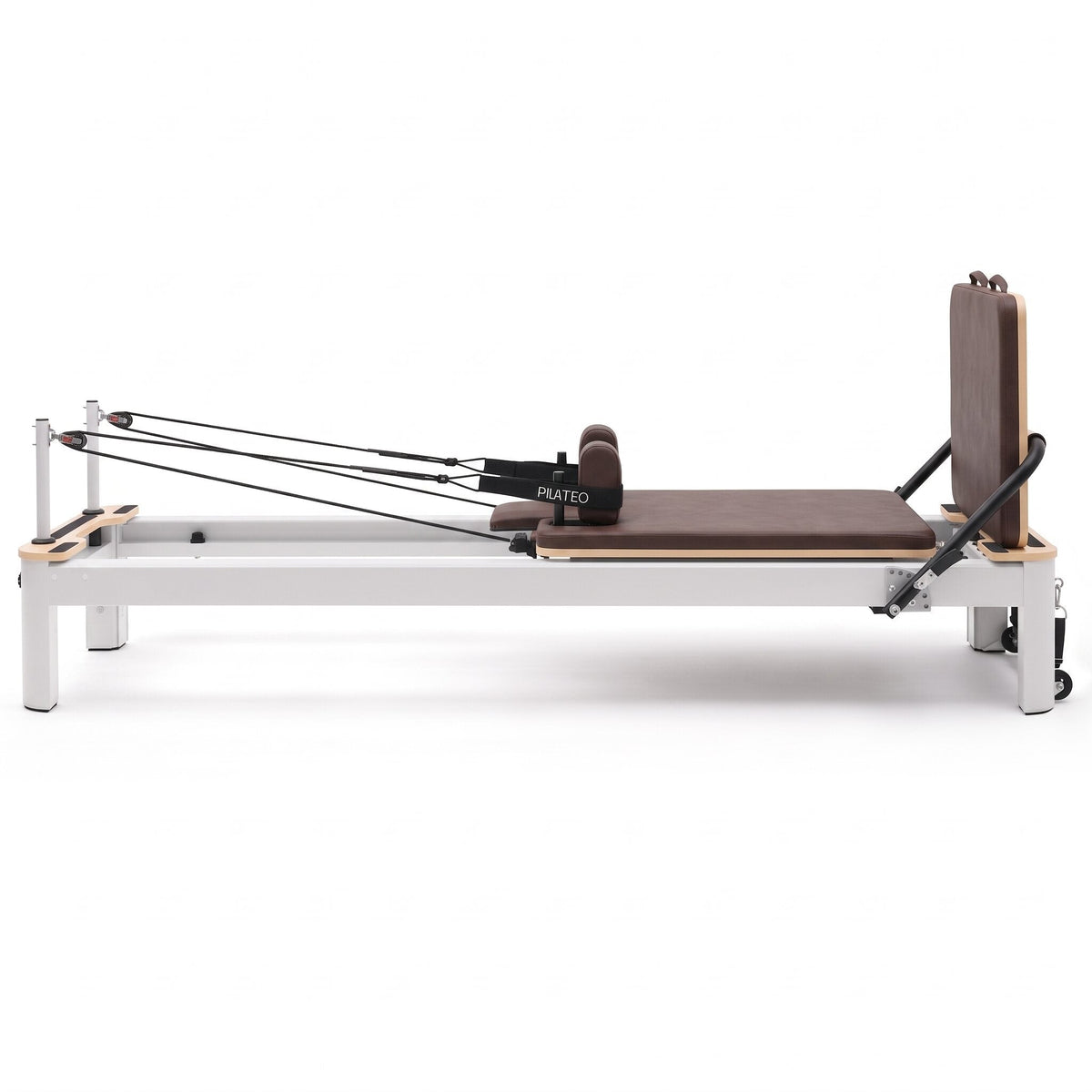 Pilates Reformer Studio Aluminium, rivestimento moka – vista laterale con schienale