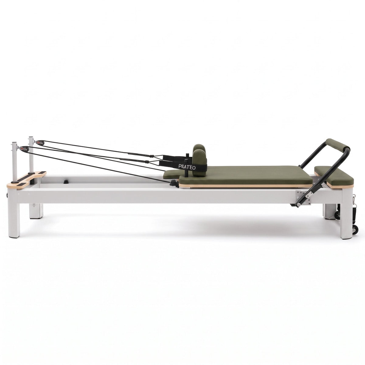 Pilates Reformer Studio Aluminium, rivestimento oliva – vista laterale