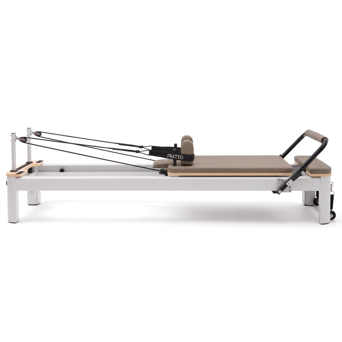 Pilates Reformer Studio Aluminium, rivestimento tortora – vista laterale