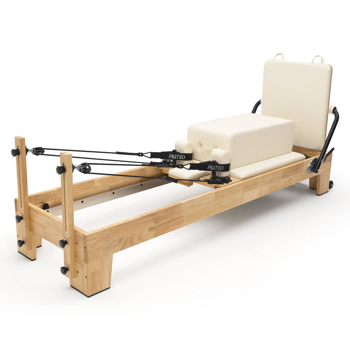 Pilates Reformer Studio Classic, telaio in rovere, rivestimento bianco latte – con sitting box e jumpboard