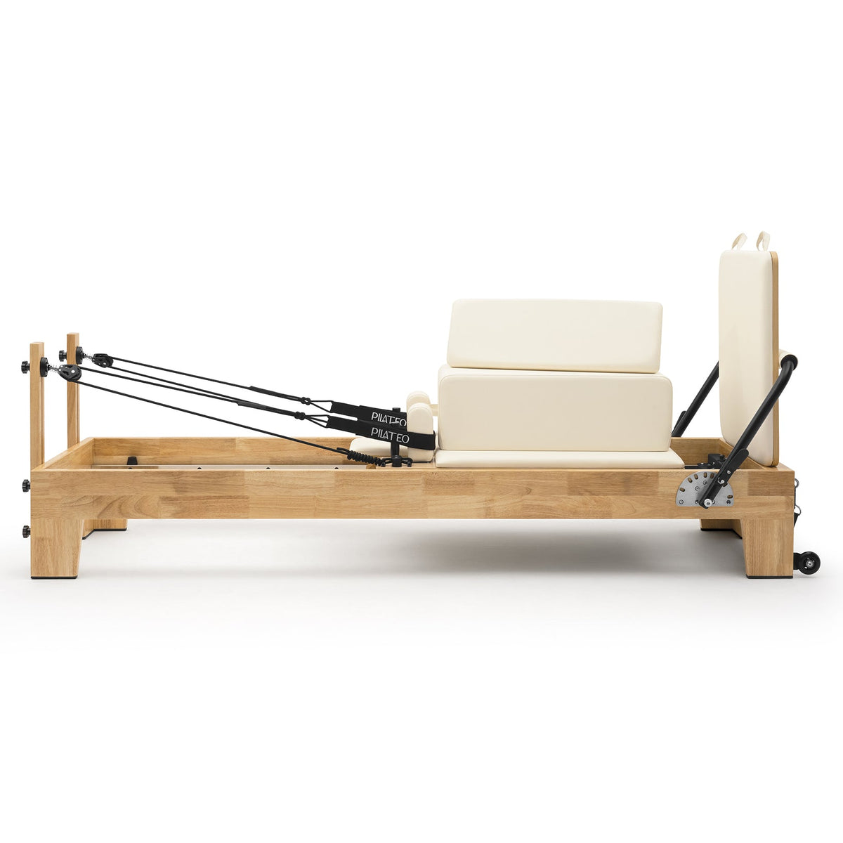 Pilates Reformer Studio Classic, telaio in rovere, rivestimento bianco latte – vista laterale