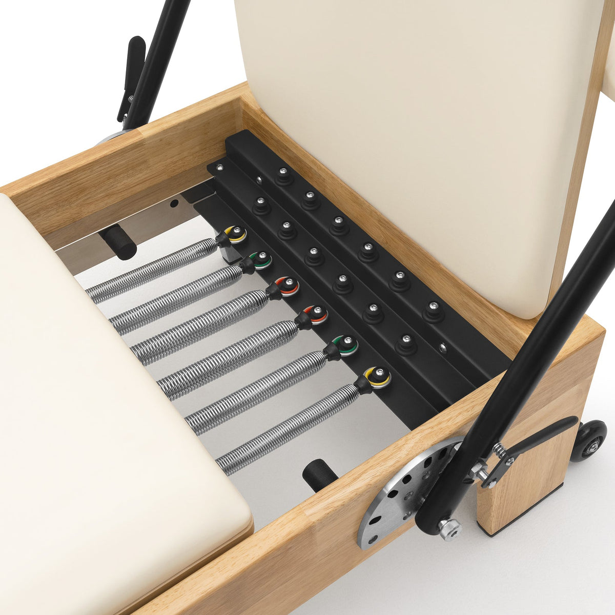 Pilates Reformer Studio Classic, telaio in rovere, rivestimento bianco latte – molle con codice colore