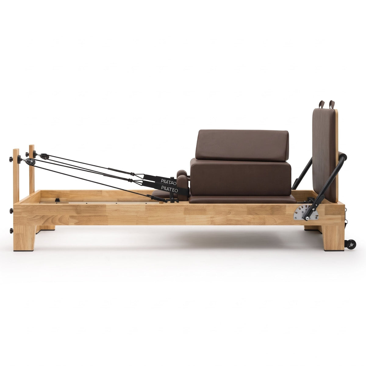 Pilates Reformer Studio Classic, telaio in rovere, rivestimento moka – vista laterale con sitting box