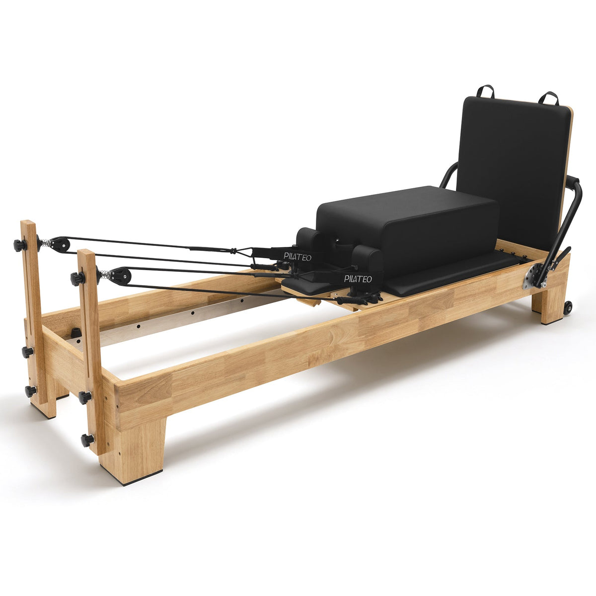 Pilates Reformer Studio Classic, telaio in rovere, rivestimento nero – con sitting box e jumpboard