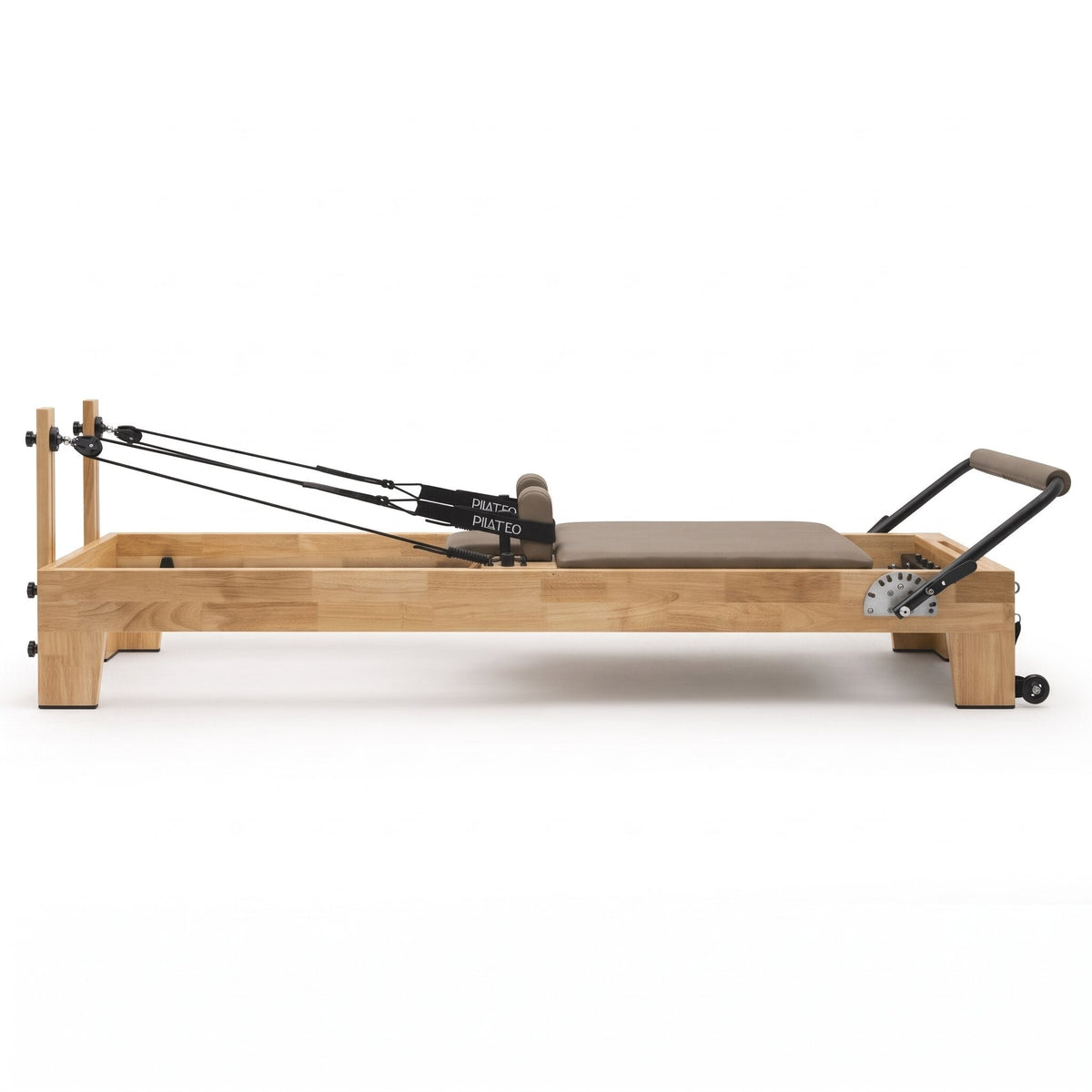 Pilates Reformer Studio Classic, telaio in rovere, rivestimento tortora – vista laterale