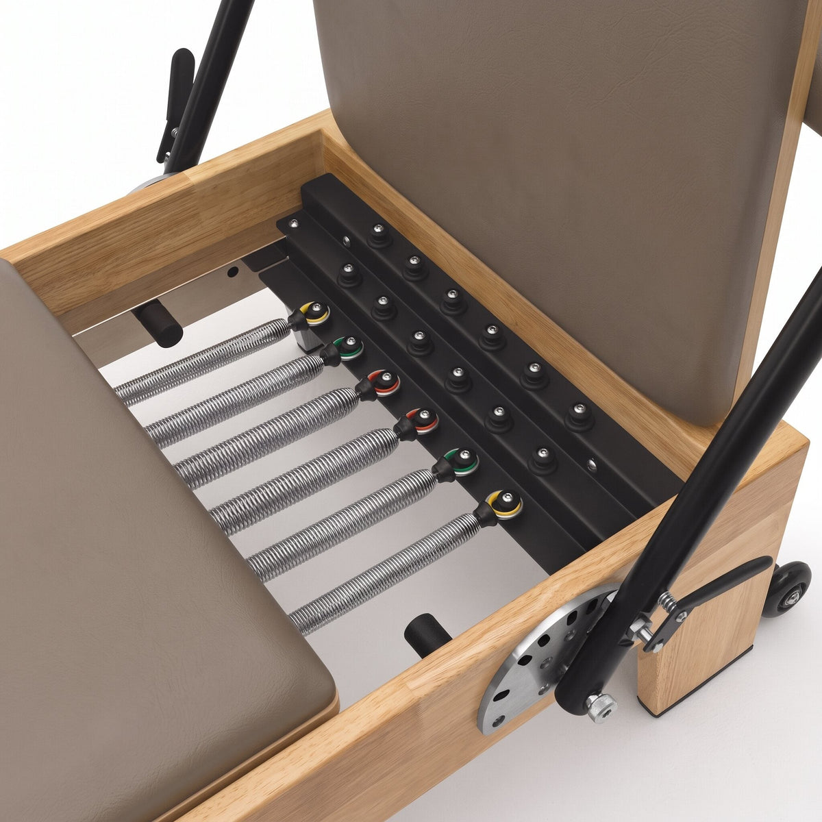 Pilates Reformer Studio Classic, telaio in rovere, rivestimento tortora – molle con codice colore