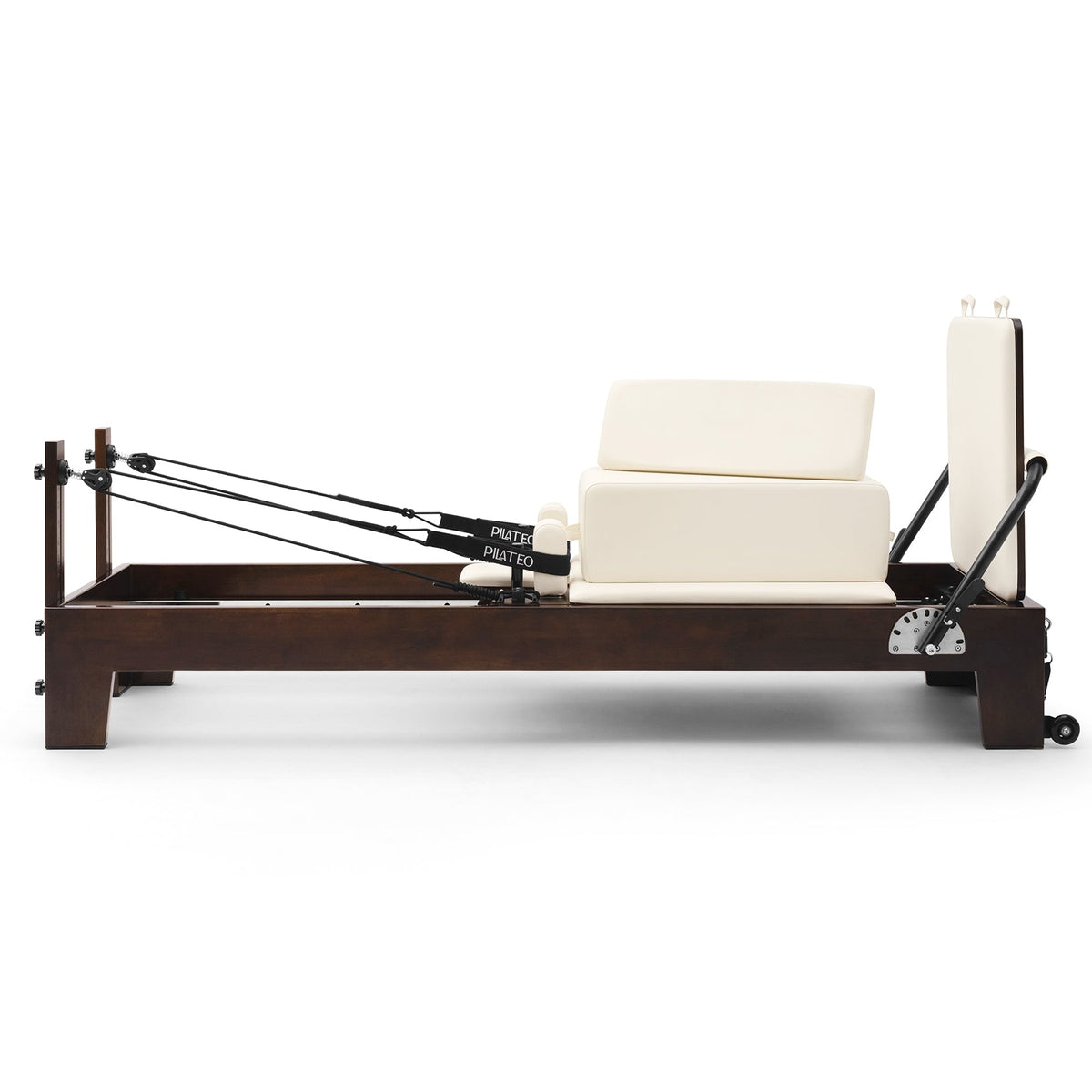 Pilates Reformer Studio Prestige, rovere finitura noce, rivestimento bianco latte – vista laterale