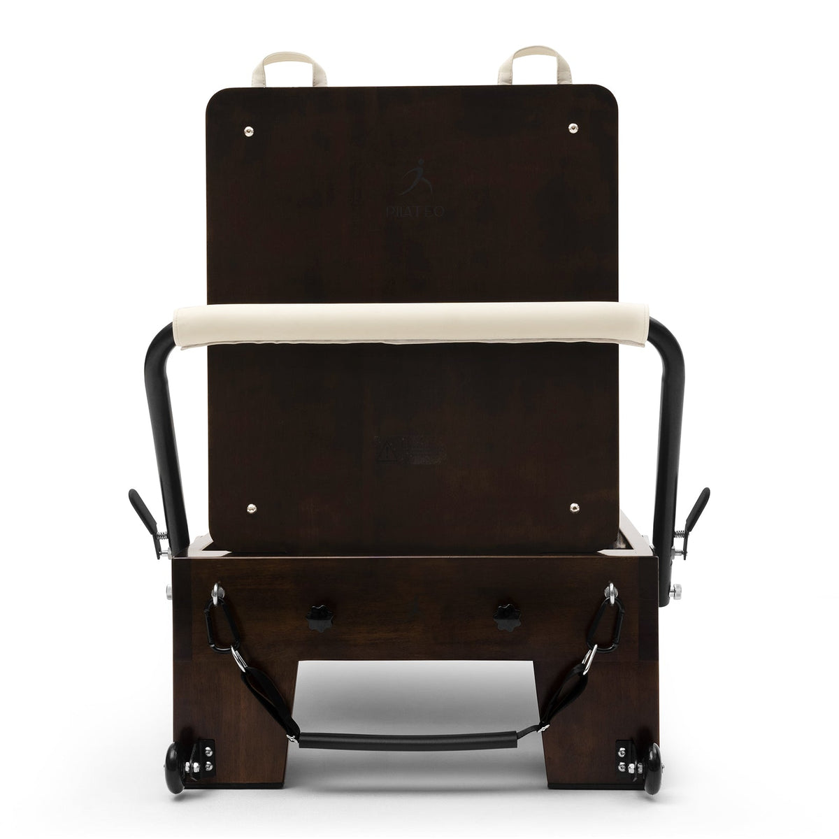 Pilates Reformer Studio Prestige, rovere finitura noce, rivestimento bianco latte – vista frontale con jumpboard