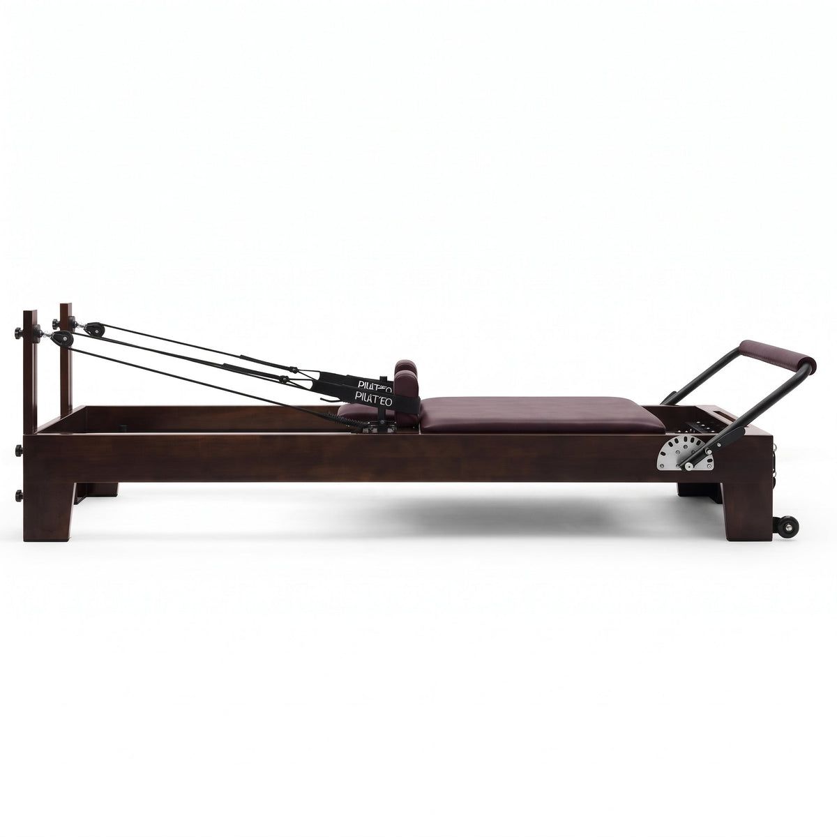 Pilates Reformer Studio Prestige, rovere finitura noce, rivestimento bordeaux – vista laterale