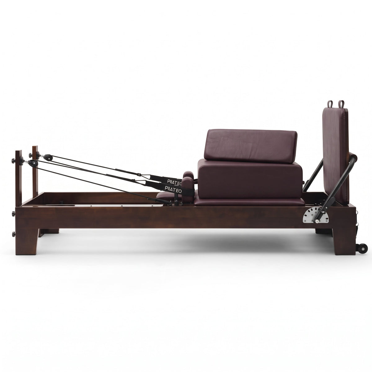 Pilates Reformer Studio Prestige, rovere finitura noce, rivestimento bordeaux – vista laterale con sitting box