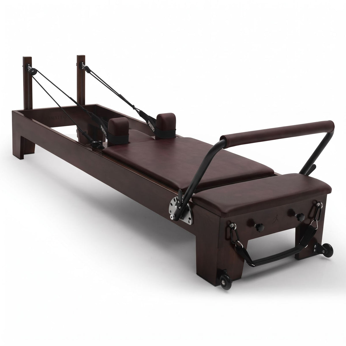 Pilates reformer Prestige bordeaux, vista 3/4 lato barra piedi