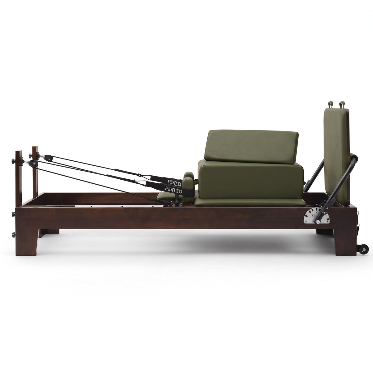 Pilates Reformer Studio Prestige, rovere finitura noce, rivestimento oliva – vista laterale con sitting box