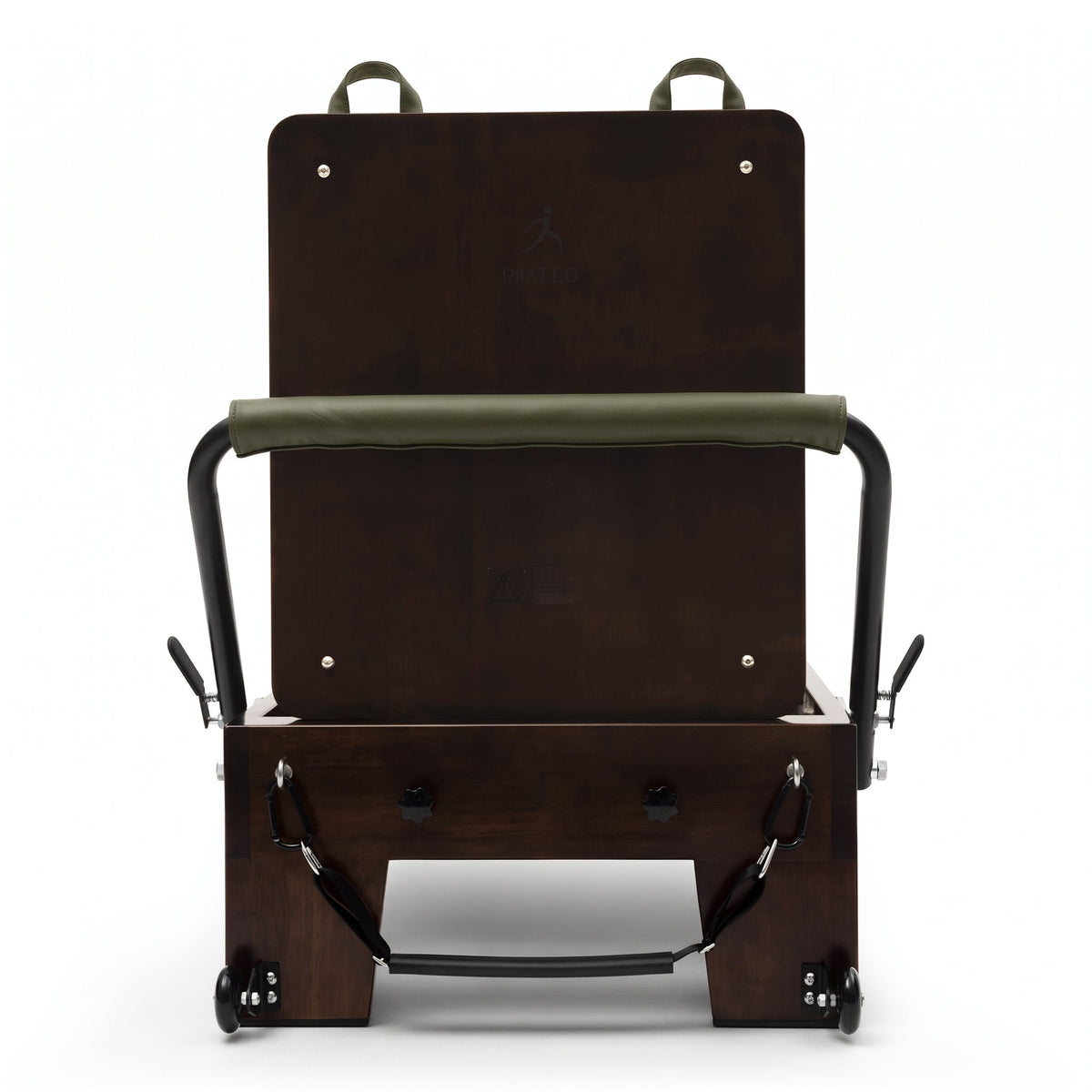 Pilates Reformer Studio Prestige, rovere finitura noce, rivestimento oliva – vista frontale con jumpboard