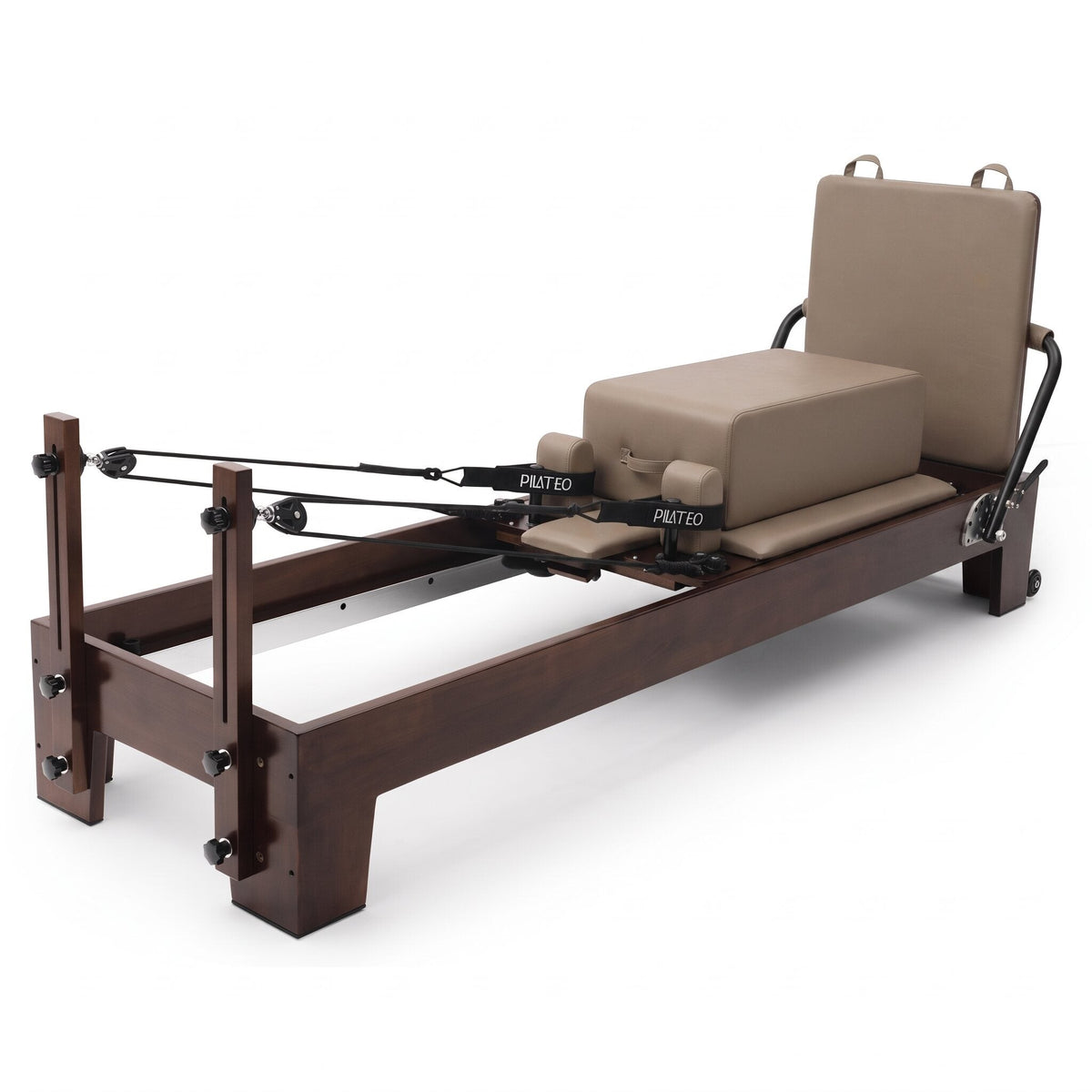 Pilates Reformer Studio Prestige, rovere finitura noce, rivestimento tortora – con sitting box e jumpboard