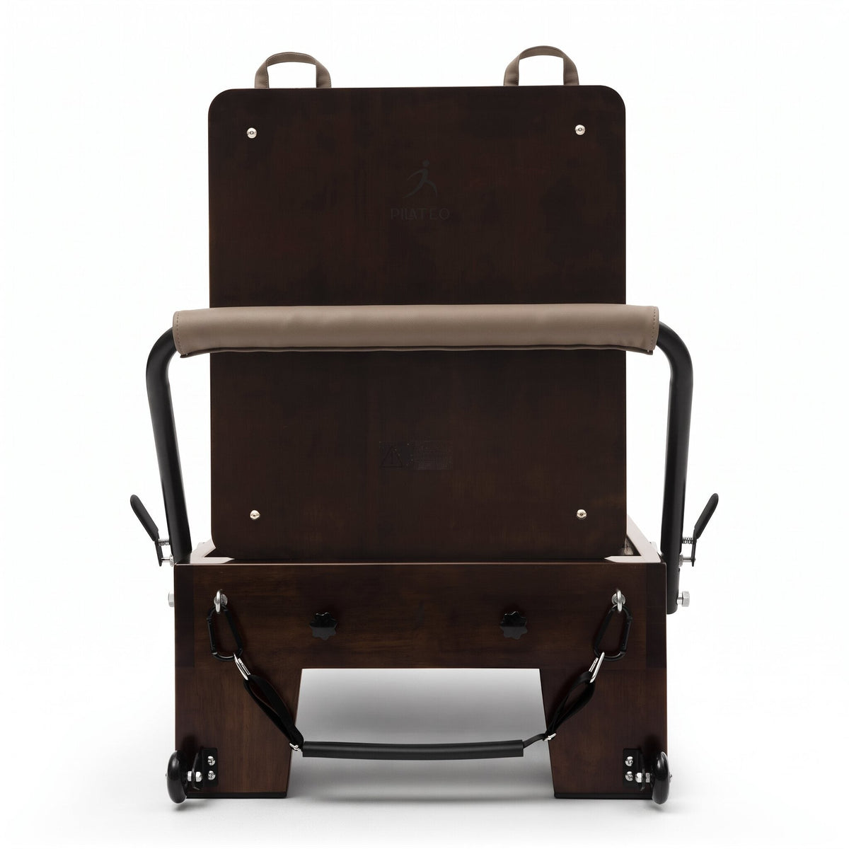 Pilates Reformer Studio Prestige, rovere finitura noce, rivestimento tortora – vista frontale con jumpboard