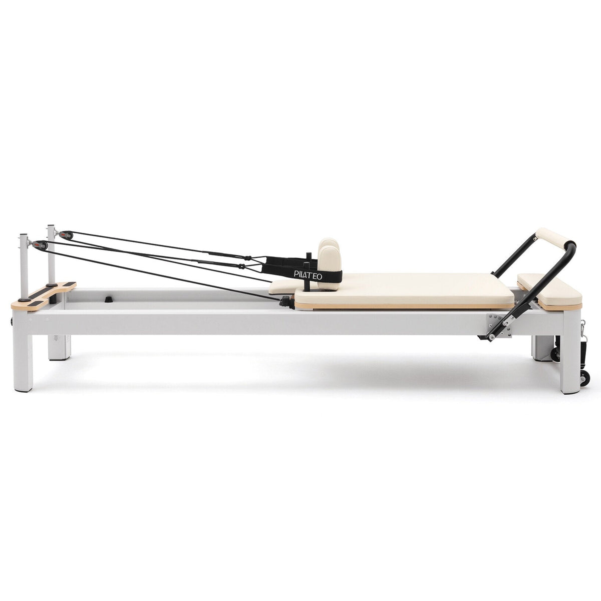 Pilates Reformer Studio Aluminium, rivestimento bianco latte – vista laterale