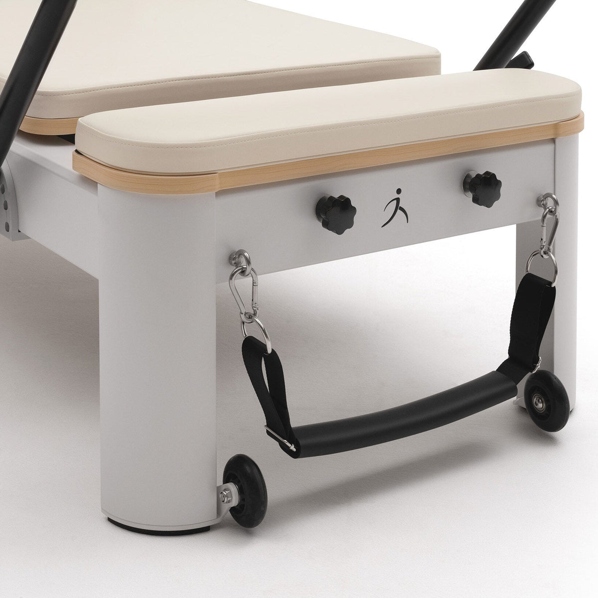 Pilates Reformer Studio Aluminium, rivestimento bianco latte – maniglia della cinghia per i piedi