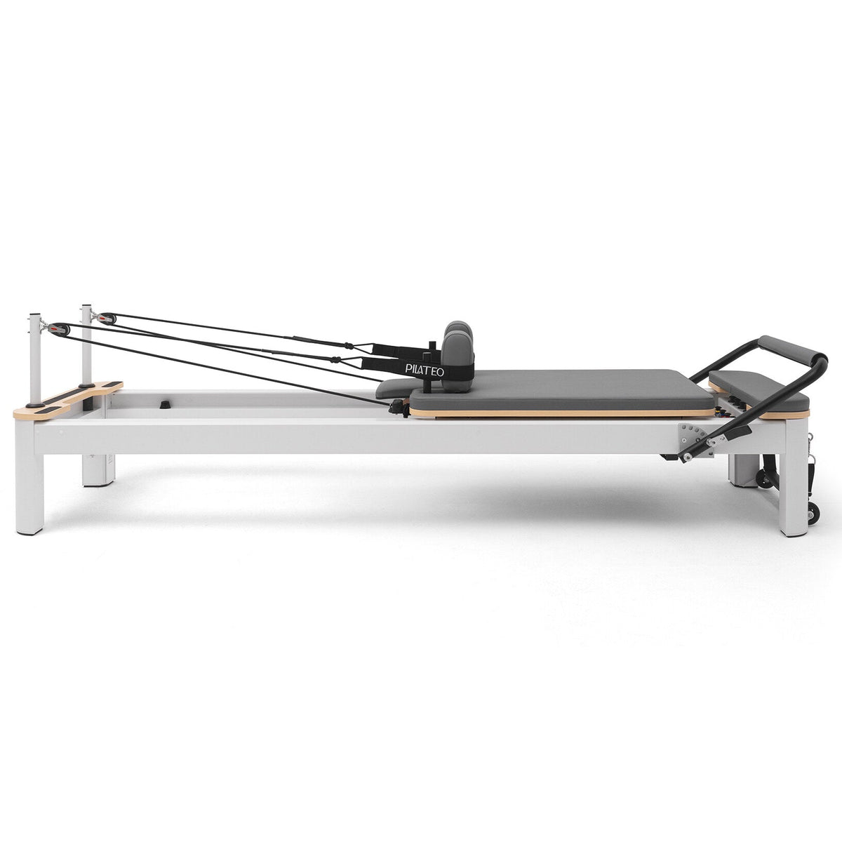 Pilates Reformer Studio Aluminium, rivestimento blu grigio – vista laterale