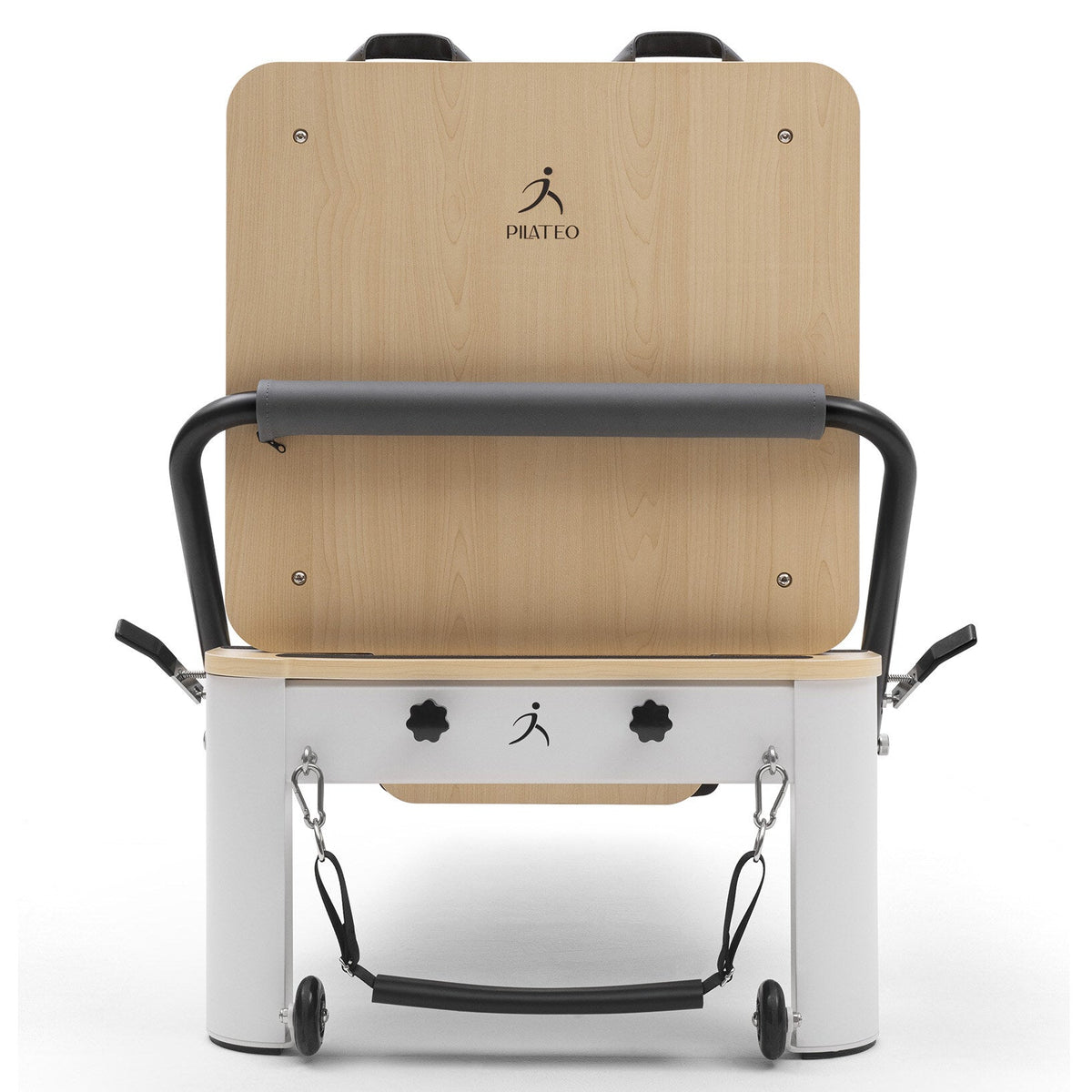 Pilates Reformer Studio Aluminium, rivestimento blu grigio – vista frontale con jumpboard