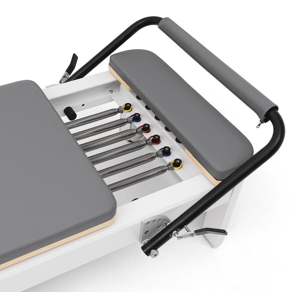 Pilates Reformer Studio Aluminium, rivestimento blu grigio – molle e barra piedi regolabile