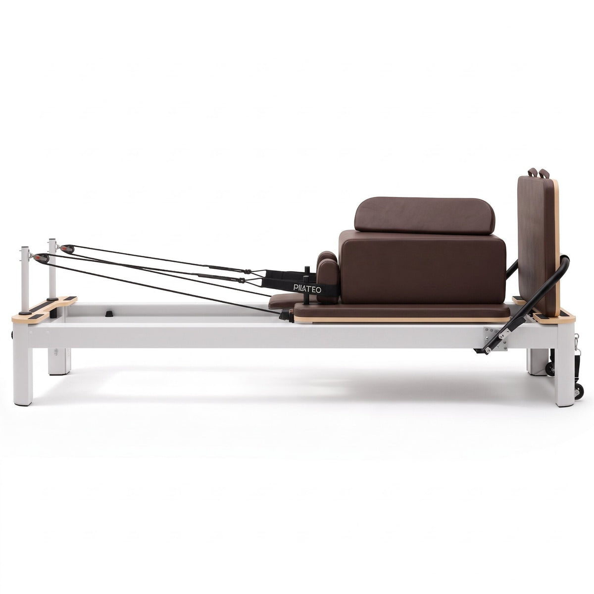 Pilates Reformer Studio Aluminium, rivestimento moka – vista laterale con sitting box