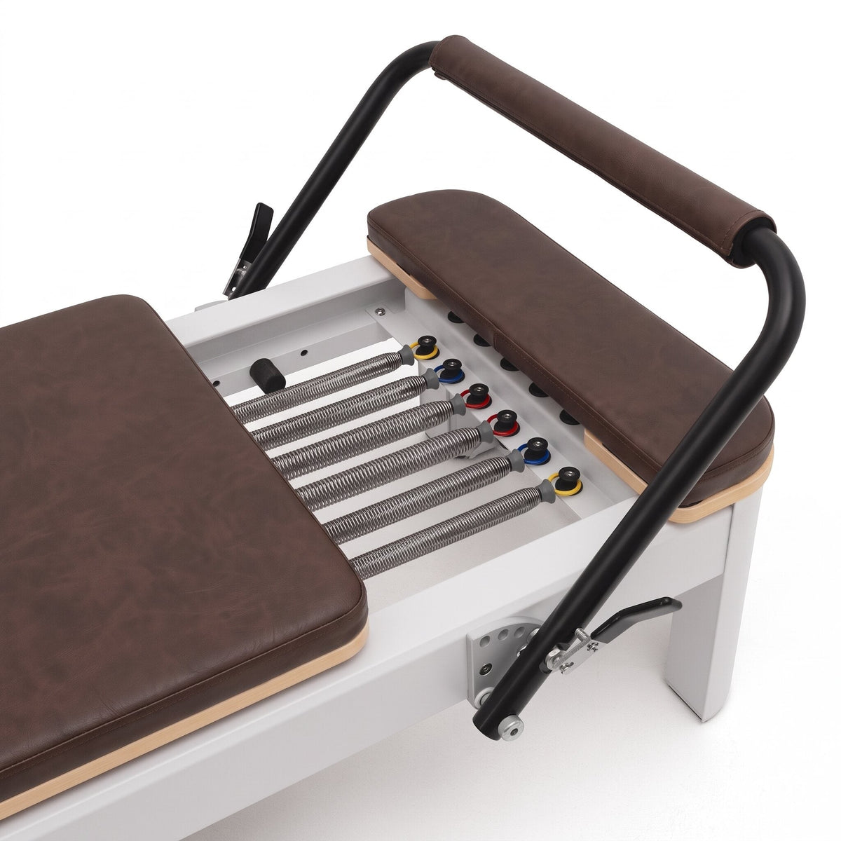 Pilates Reformer Studio Aluminium, rivestimento moka – molle e barra piedi regolabile