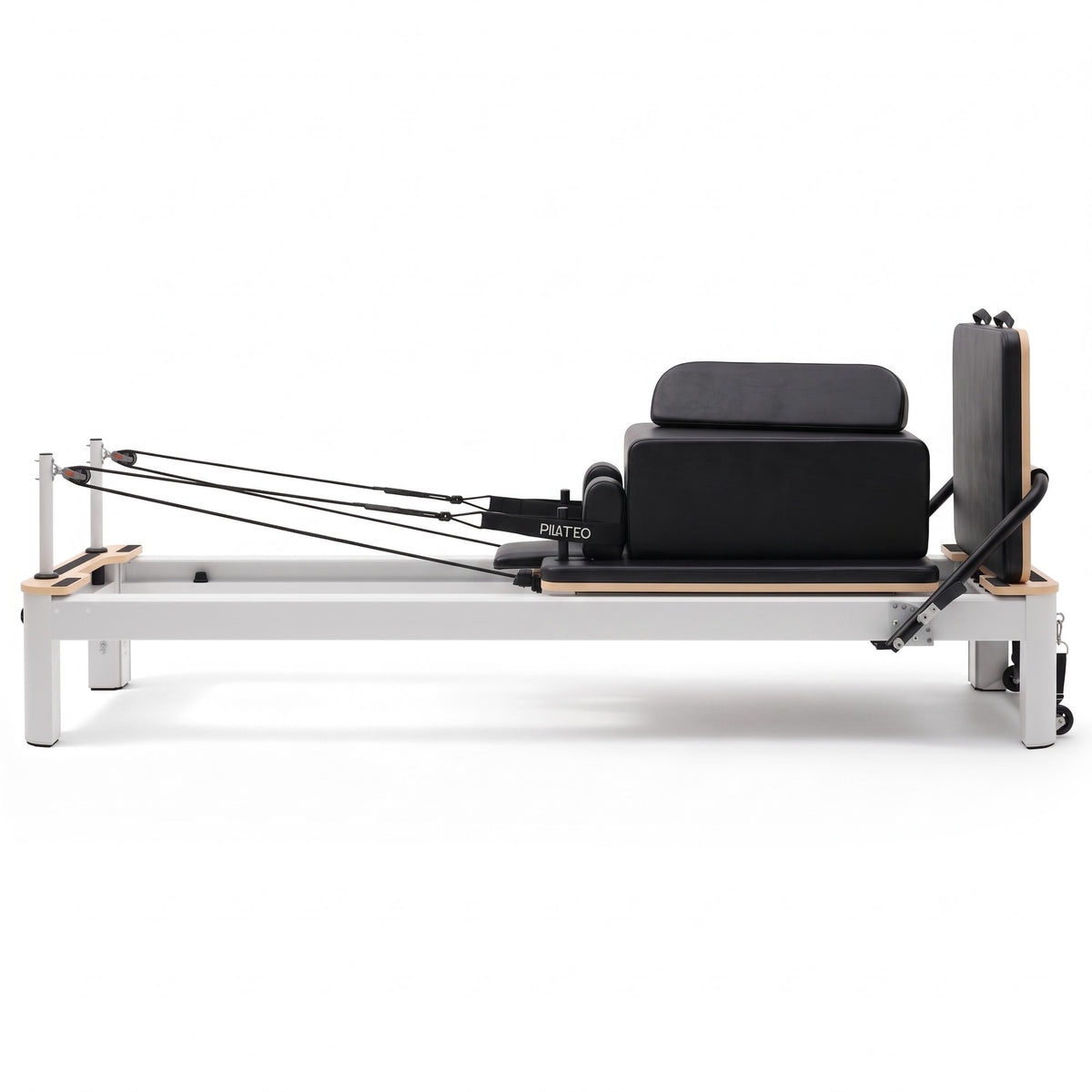 Pilates Reformer Studio Aluminium, telaio bianco, rivestimento nero – vista laterale con sitting box