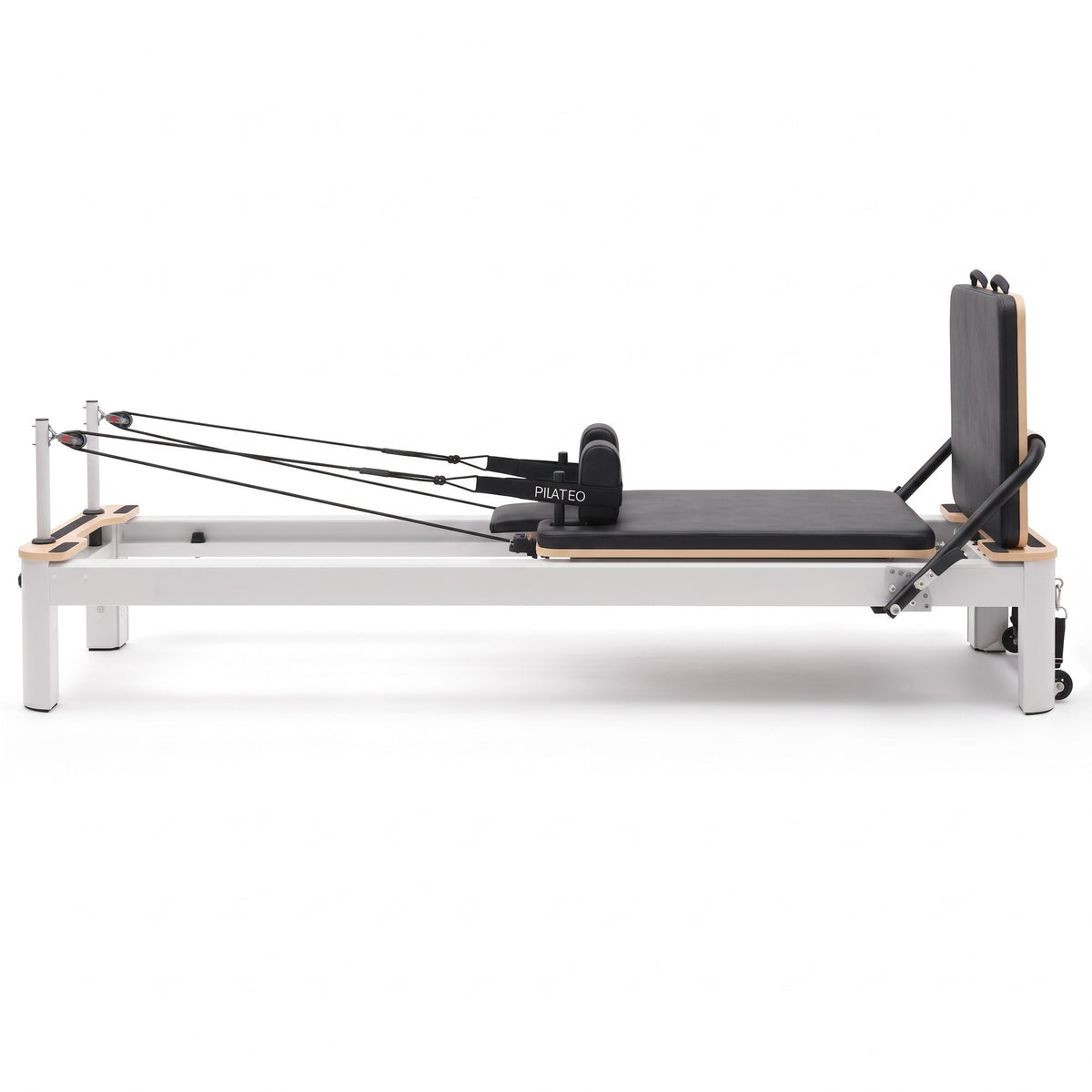 Pilates Reformer Studio Aluminium, telaio bianco, rivestimento nero – vista laterale