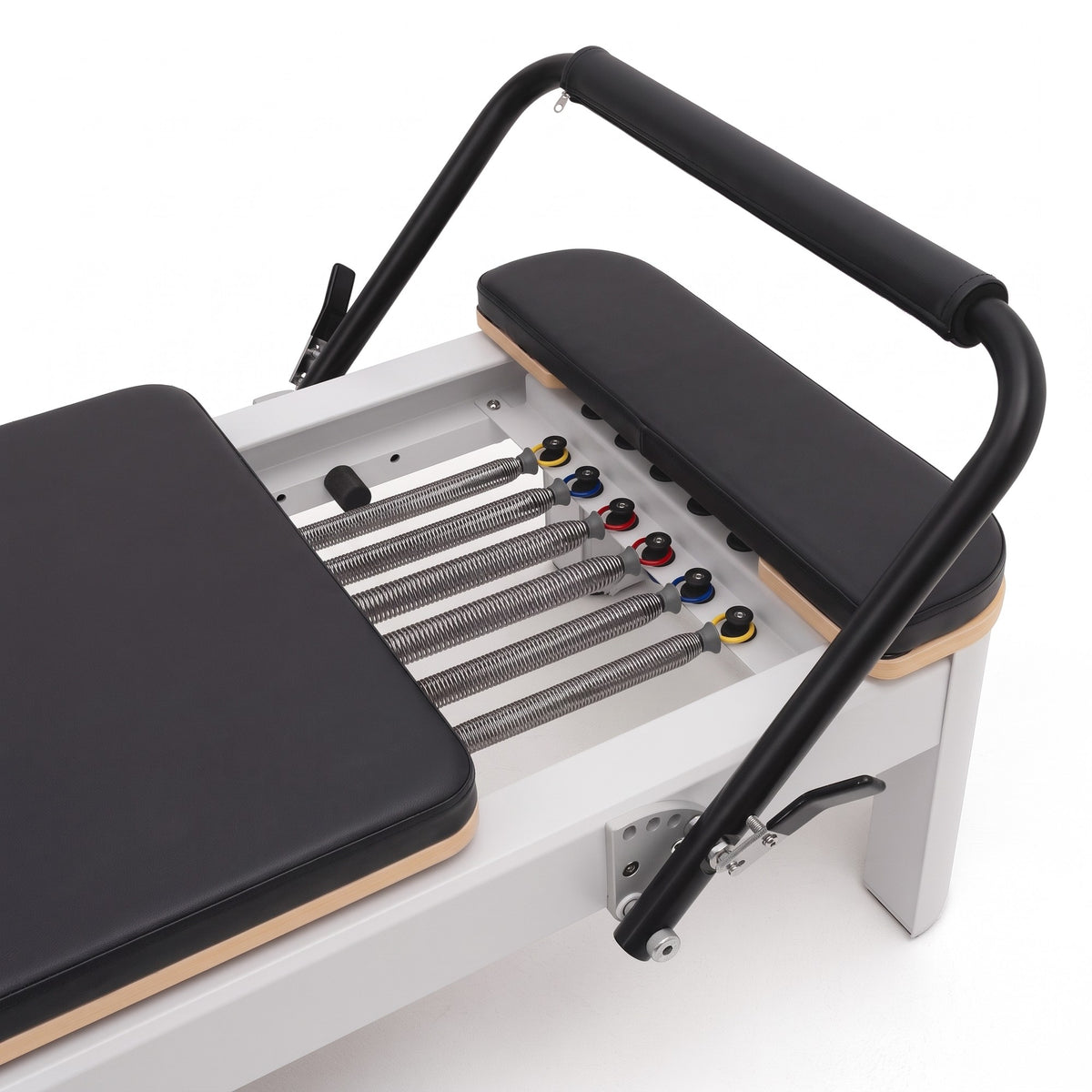 Pilates Reformer Studio Aluminium, telaio bianco, rivestimento nero – barra piedi e molle