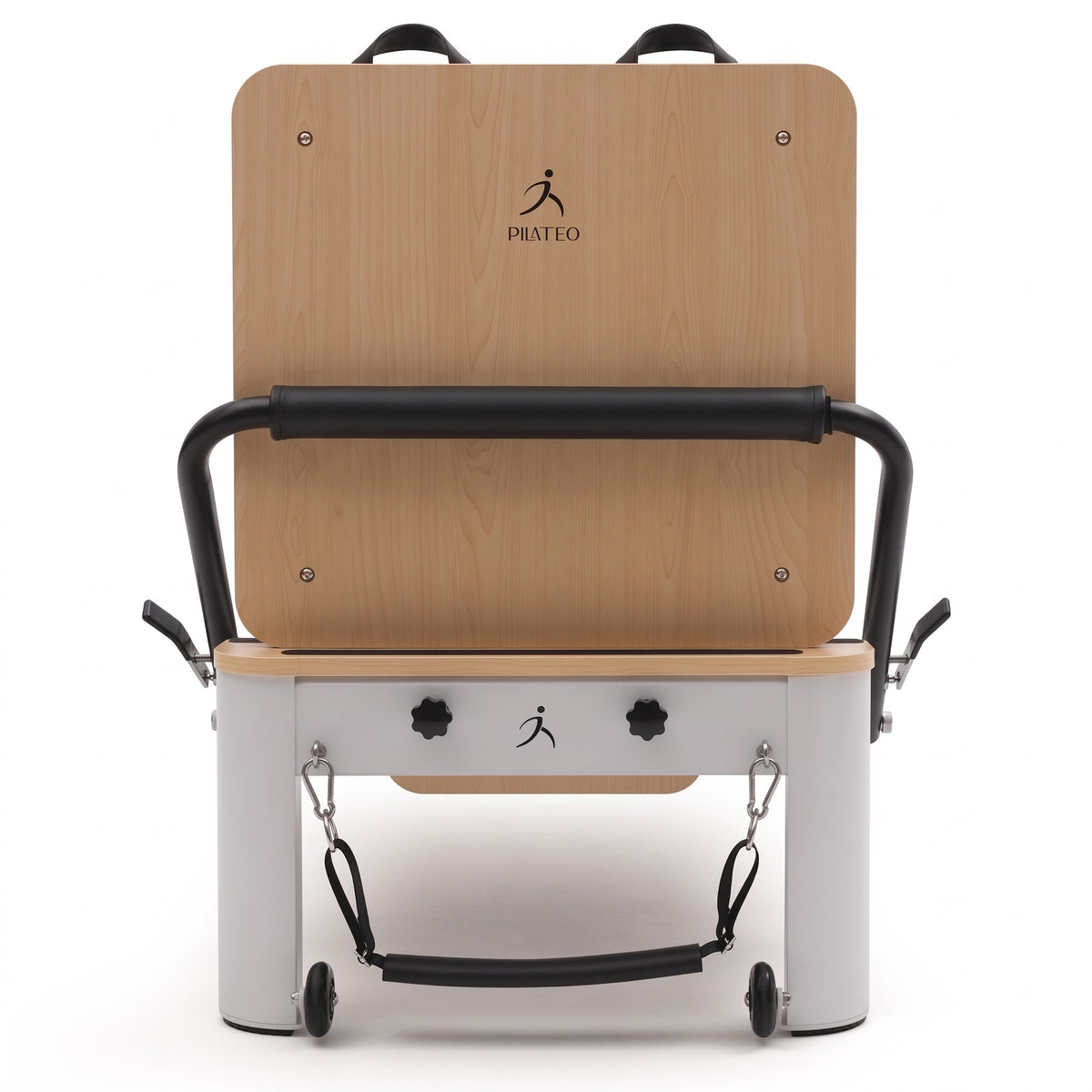 Pilates Reformer Studio Aluminium, telaio bianco, rivestimento nero – vista frontale