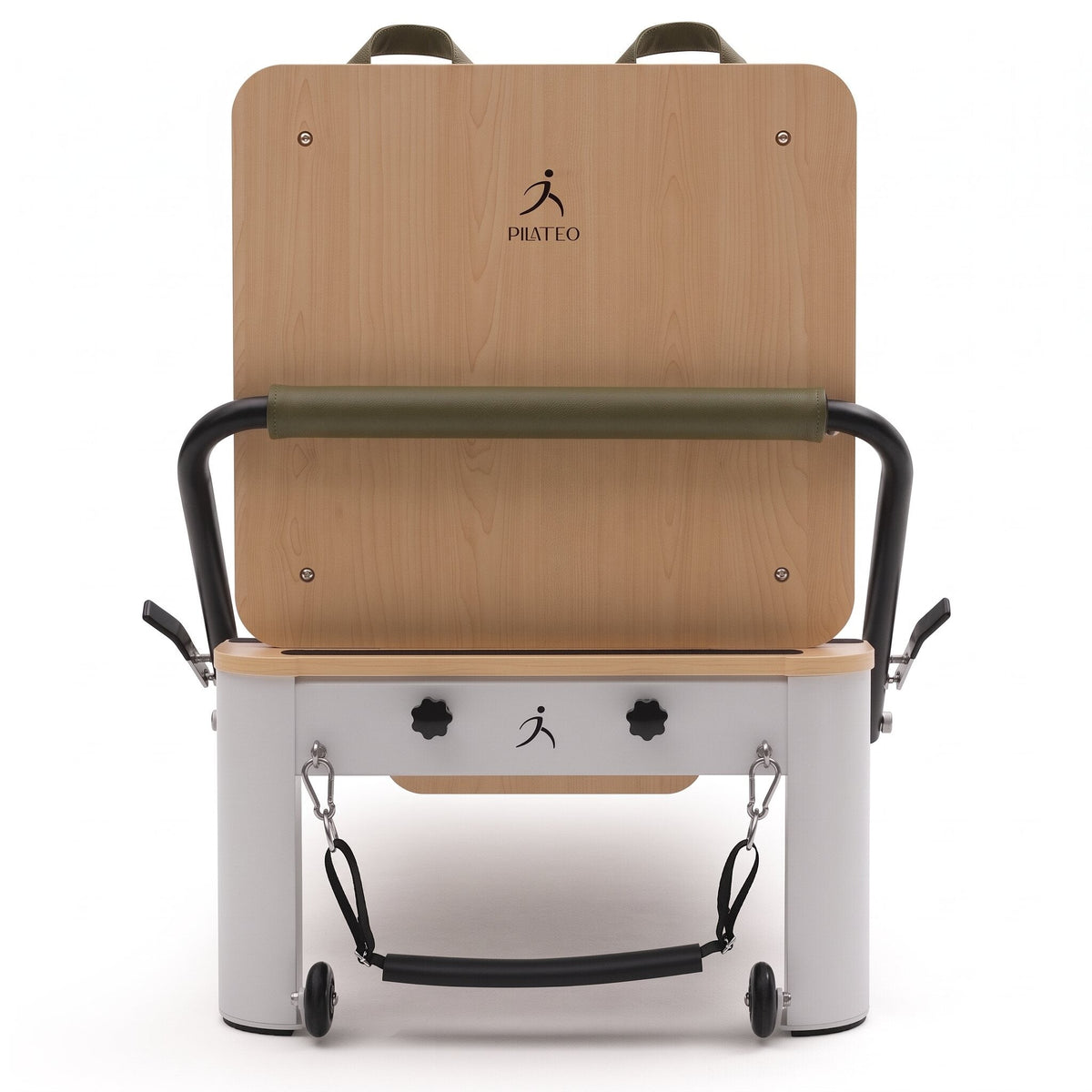 Pilates Reformer Studio Aluminium, rivestimento oliva – vista frontale con jumpboard