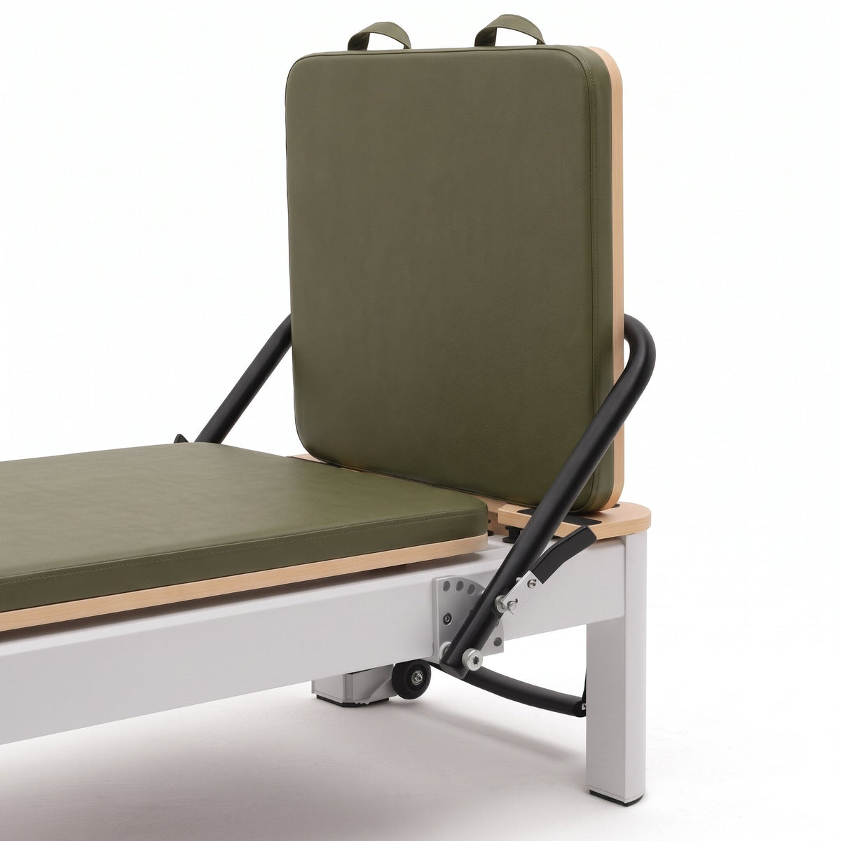 Pilates Reformer Studio Aluminium, rivestimento oliva – barra piedi e schienale