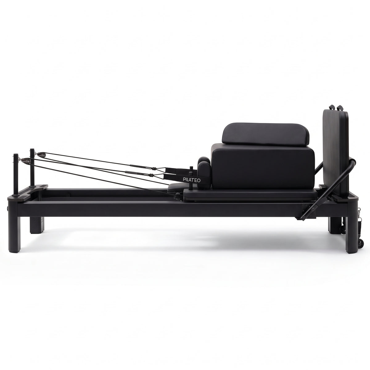 Pilates Reformer Studio Aluminium total black – vista laterale con sitting box