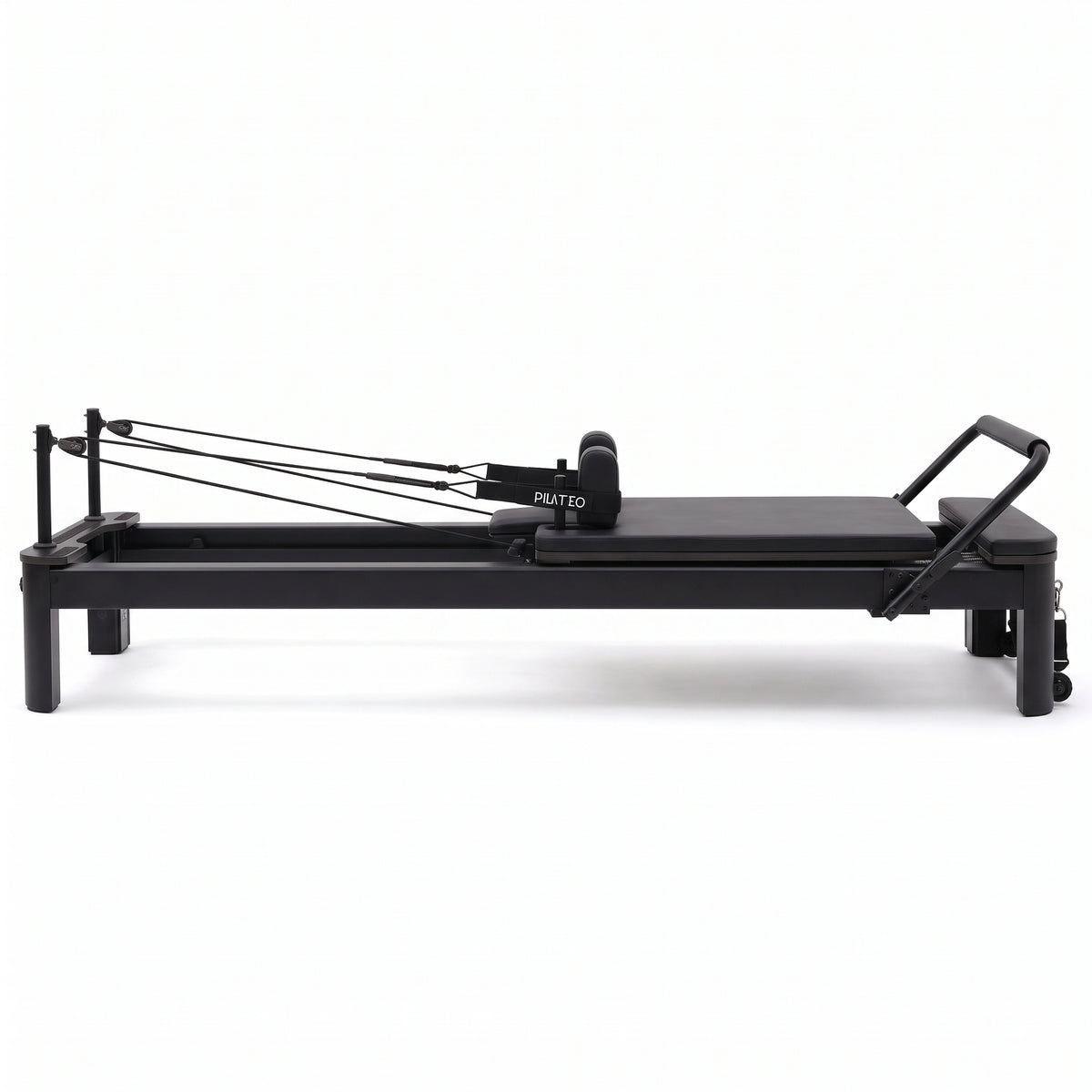 Pilates Reformer Studio Aluminium total black – vista laterale con barra piedi sollevata