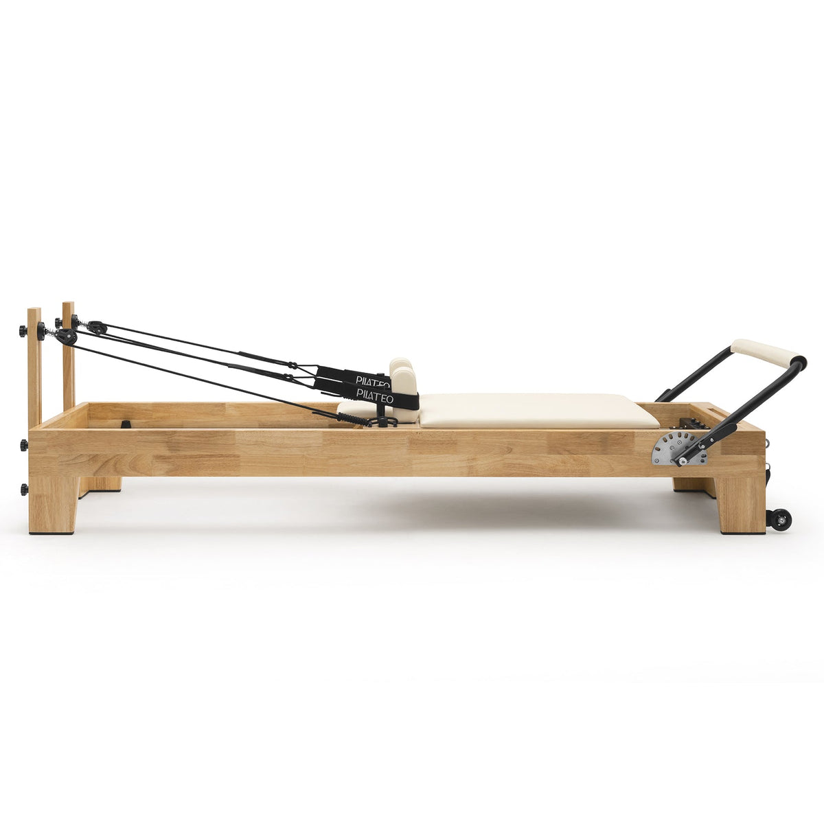 Pilates Reformer Studio Classic, telaio in rovere, rivestimento bianco latte – vista laterale