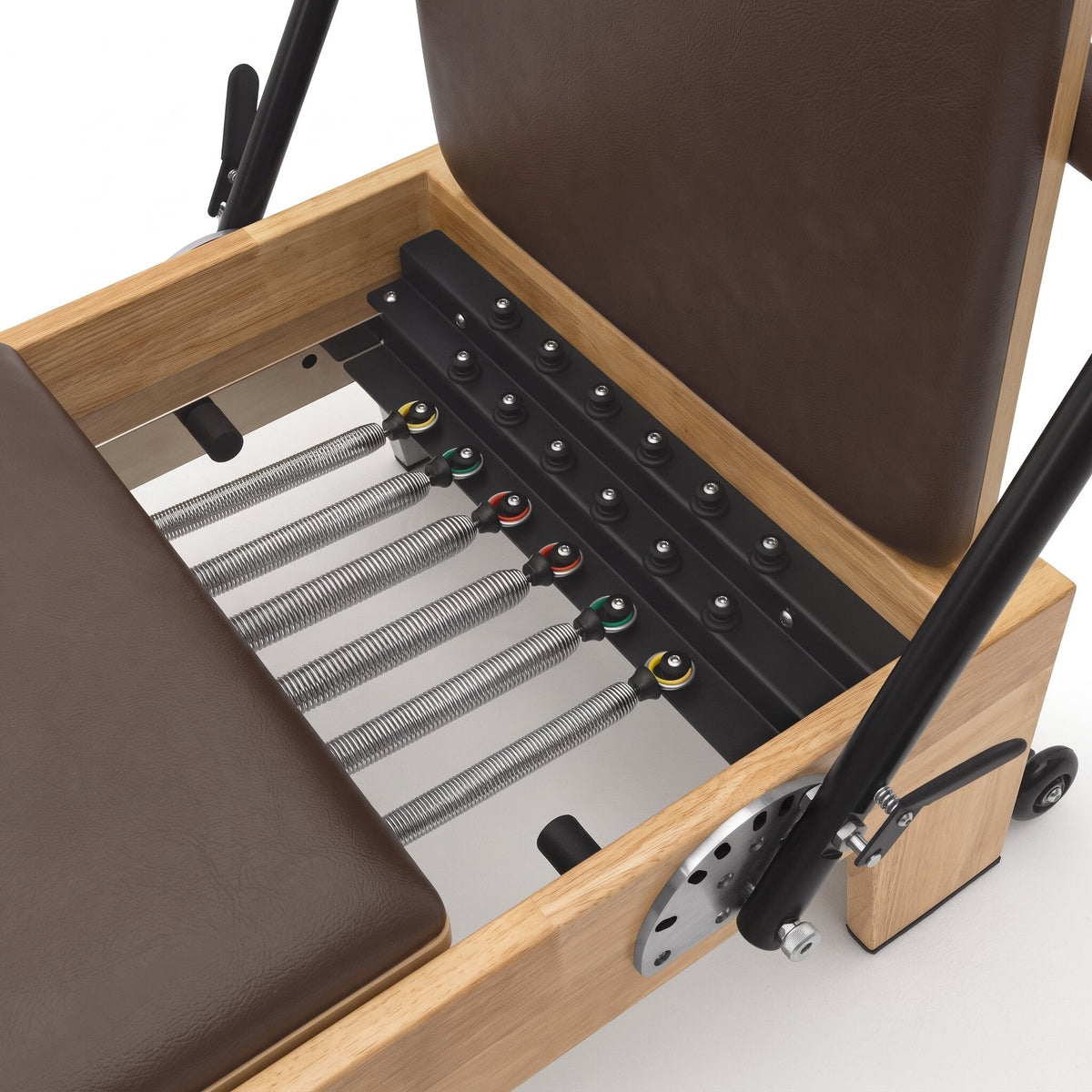 Pilates Reformer Studio Classic, telaio in rovere, rivestimento moka – molle con codice colore