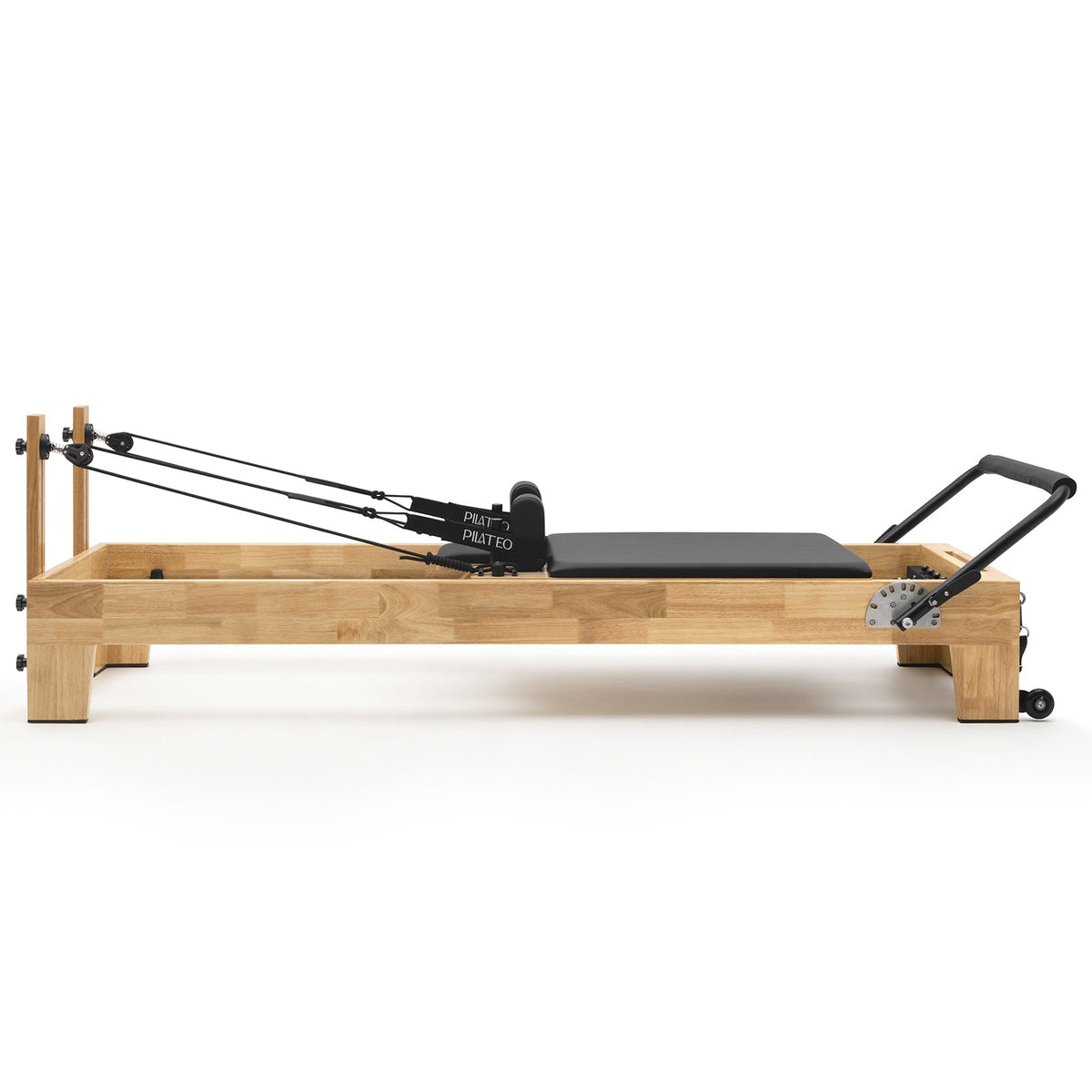 Pilates Reformer Studio Classic, telaio in rovere, rivestimento nero – vista laterale