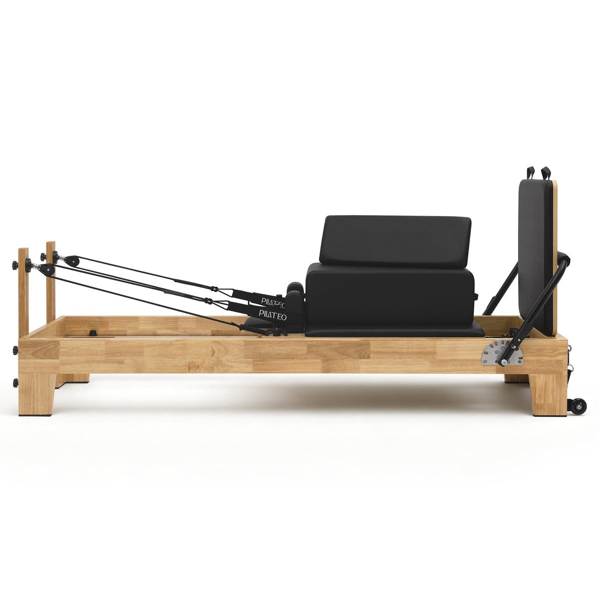 Pilates Reformer Studio Classic, telaio in rovere, rivestimento nero – vista laterale