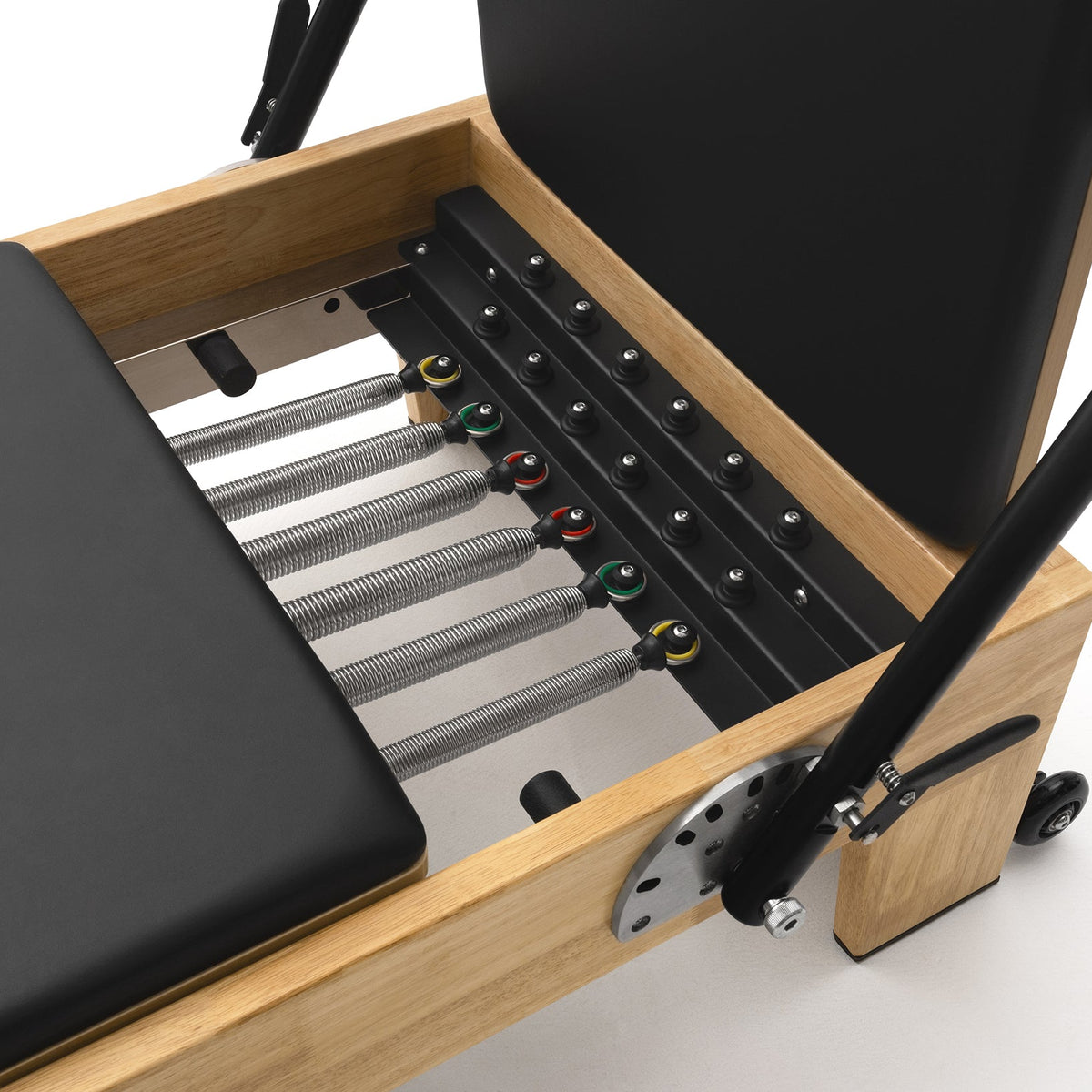 Pilates Reformer Studio Classic, telaio in rovere, rivestimento nero – molle con codice colore