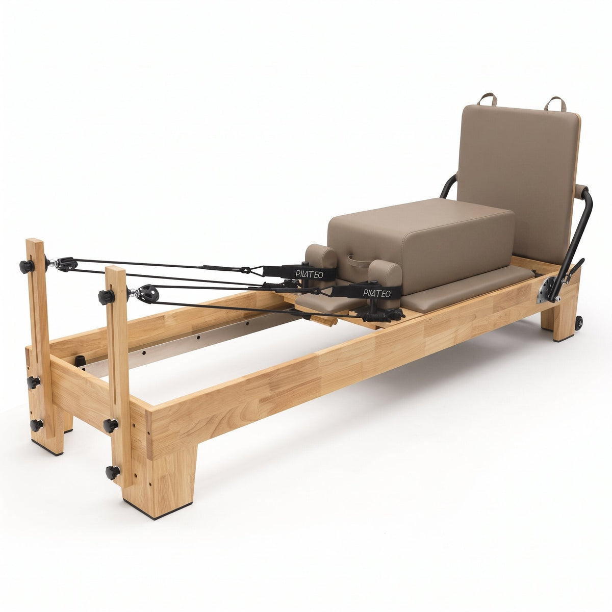 Pilates Reformer Studio Classic, telaio in rovere, rivestimento tortora – con sitting box e jumpboard