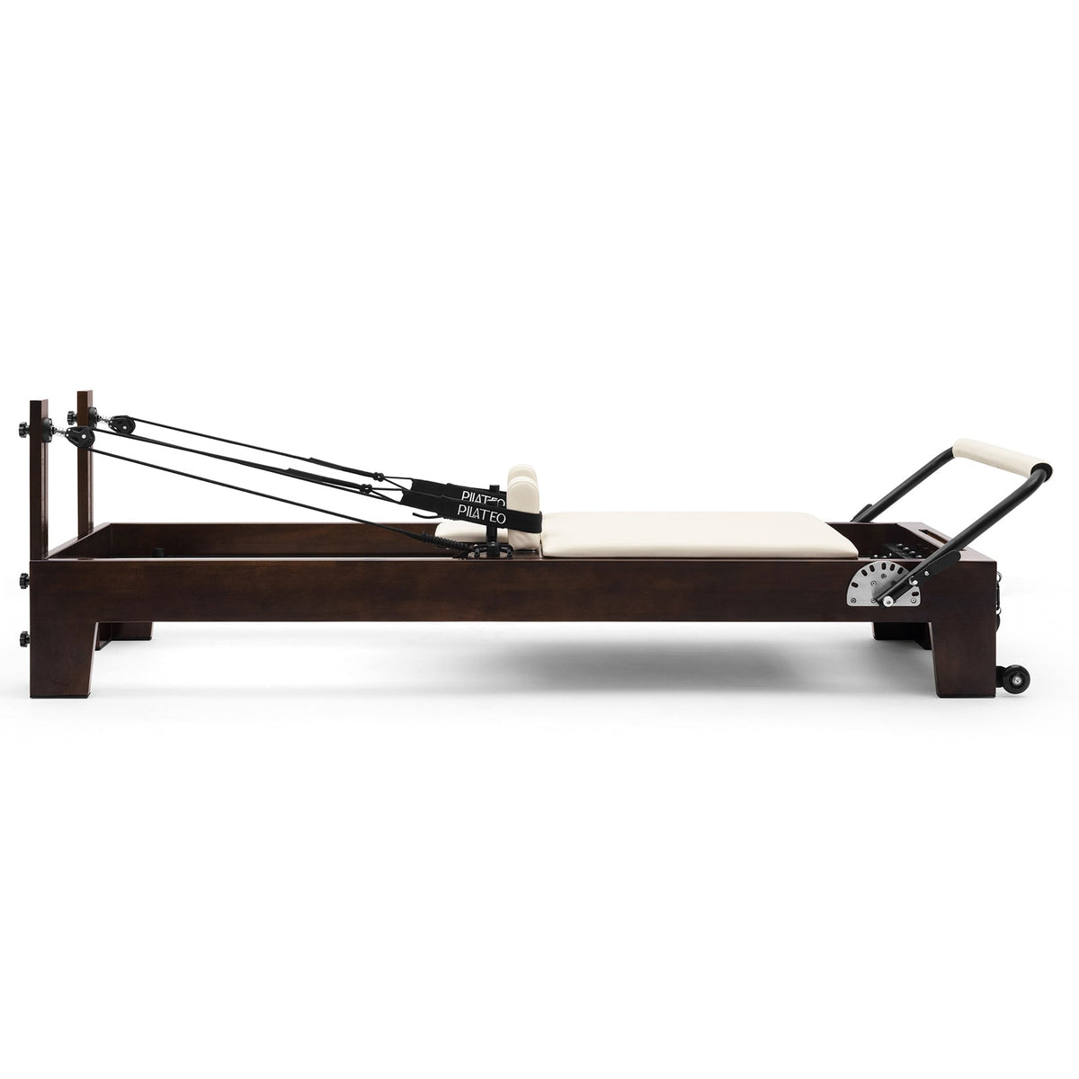 Pilates Reformer Studio Prestige, rovere finitura noce, rivestimento bianco latte – vista laterale