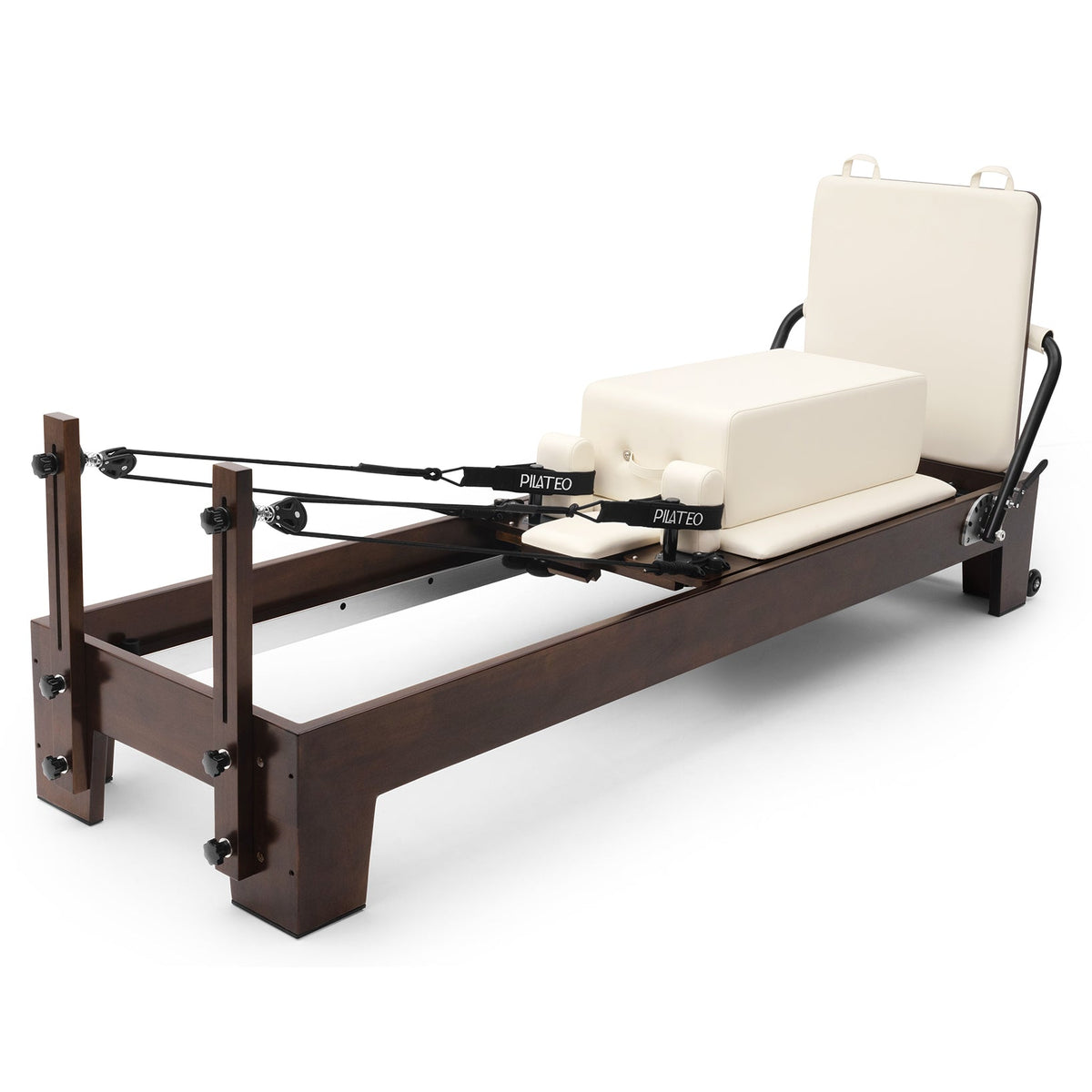 Pilates Reformer Studio Prestige, rovere finitura noce, rivestimento bianco latte – con sitting box e jumpboard