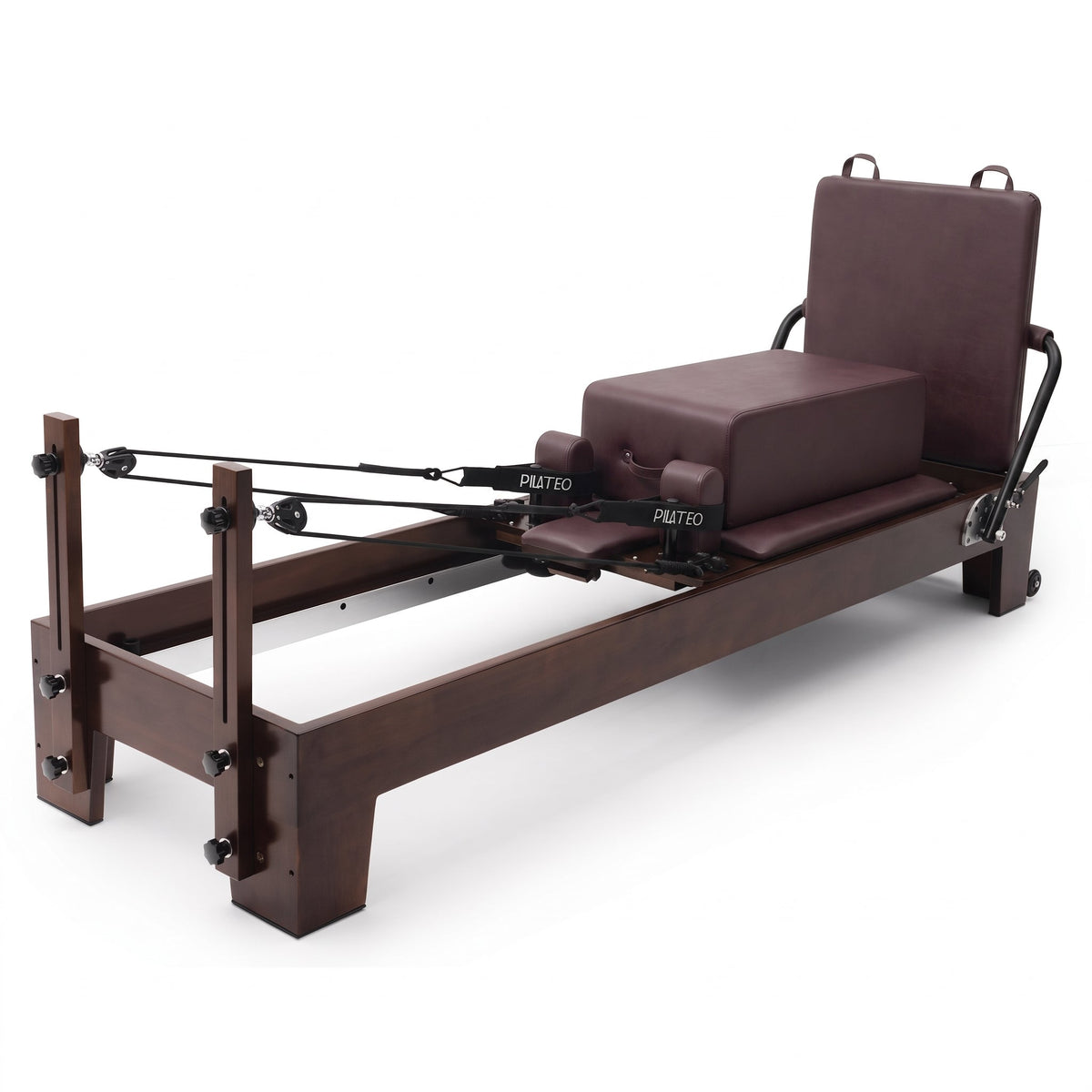 Pilates Reformer Studio Prestige, rovere finitura noce, rivestimento bordeaux – con sitting box e jumpboard