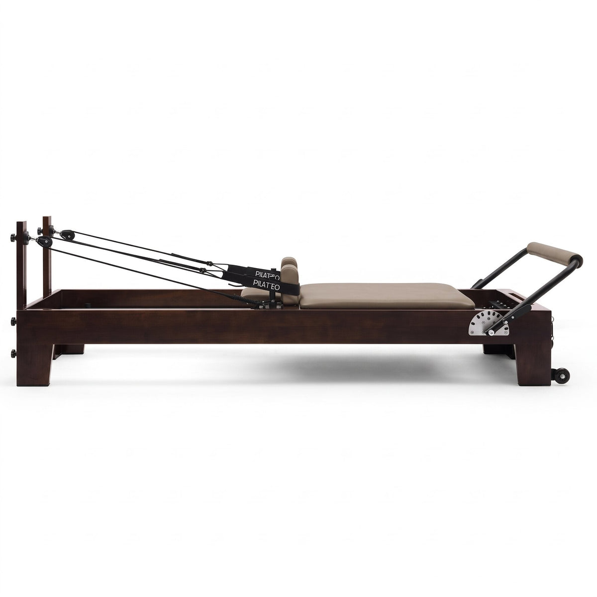 Pilates Reformer Studio Prestige, rovere finitura noce, rivestimento tortora – vista laterale