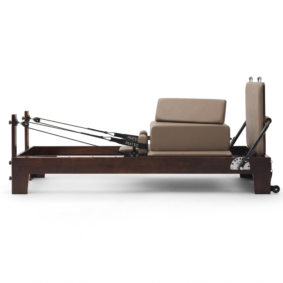 Pilates Reformer Studio Prestige, rovere finitura noce, rivestimento tortora – vista laterale con sitting box