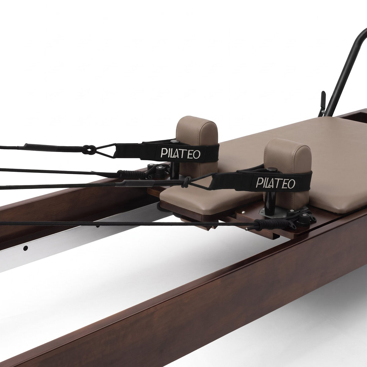 Pilates Reformer Studio Prestige, rovere finitura noce, rivestimento tortora – poggiaspalle e cinghie
